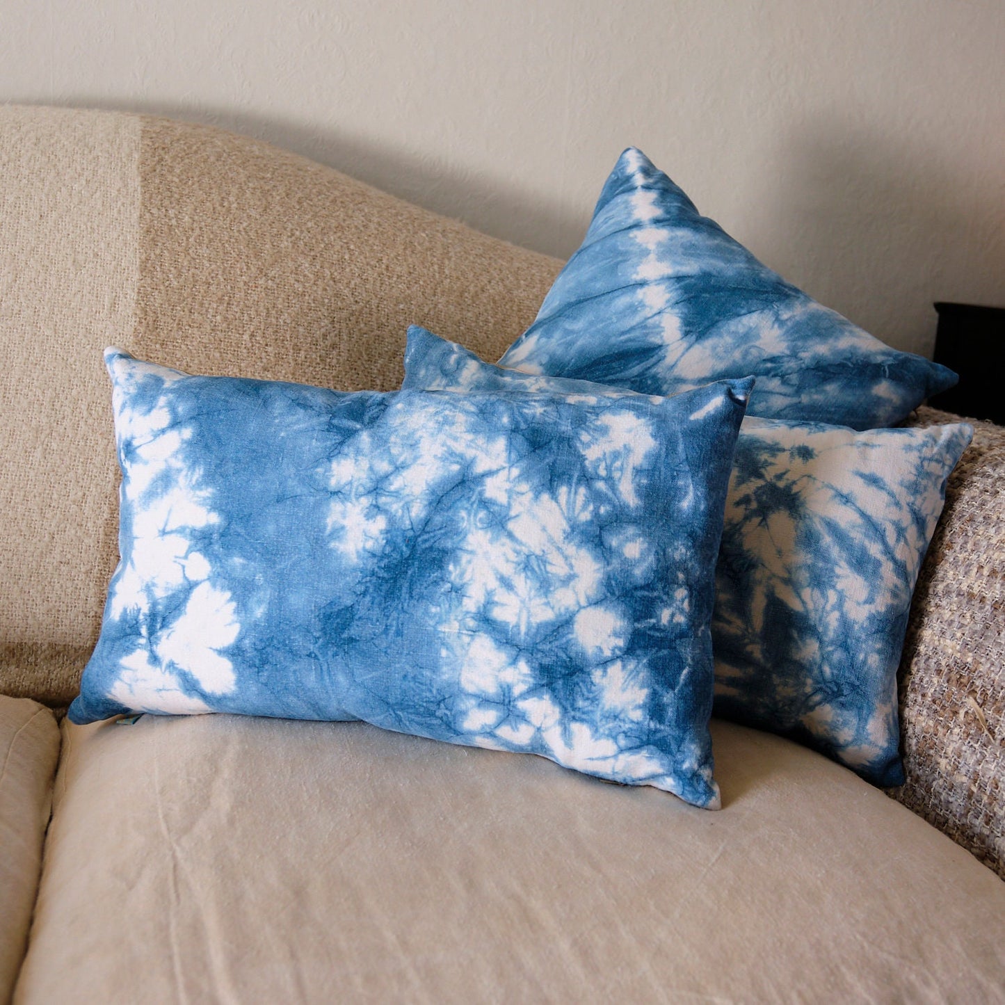 Square cushion cover, indigo dyed antique French linen and striped ticking back