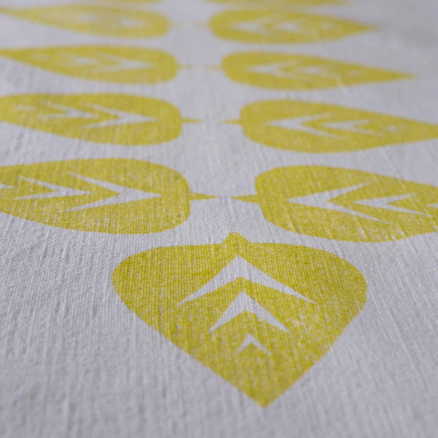 Vintage French linen table runner, hand block printed leaf design