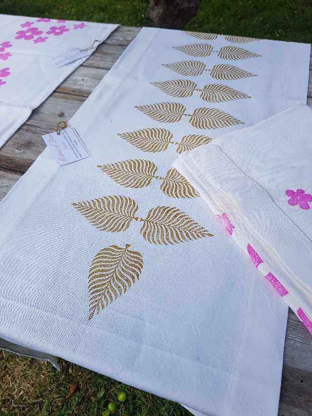 Long vintage French linen table runner, hand block printed fern leaf design