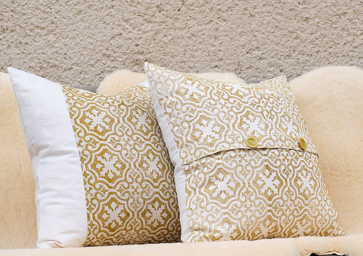 Large hand made cushion cover, block printed antique French linen with vintage buttons