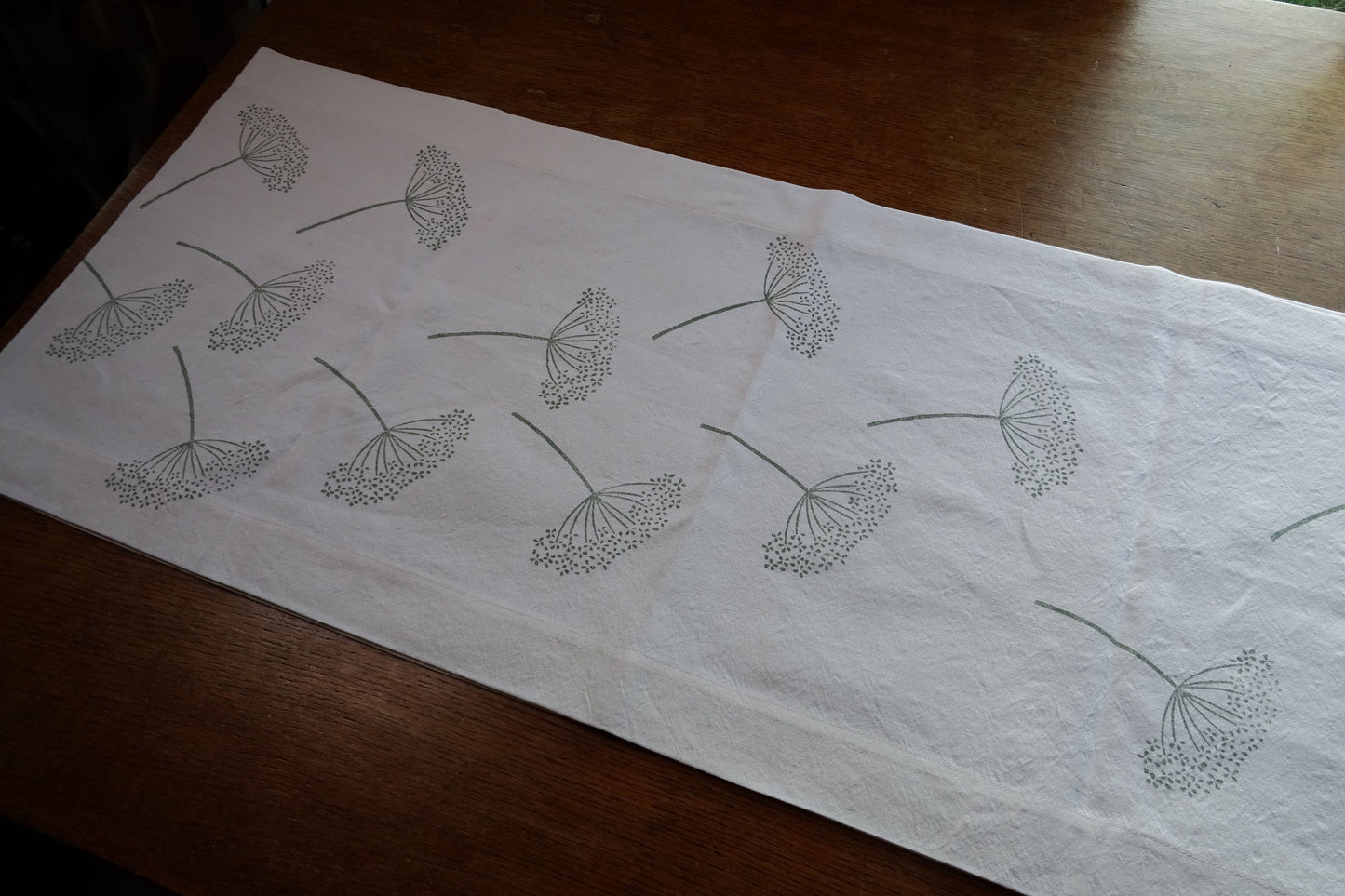 Extra long vintage French linen table runner, hand block printed seedhead design
