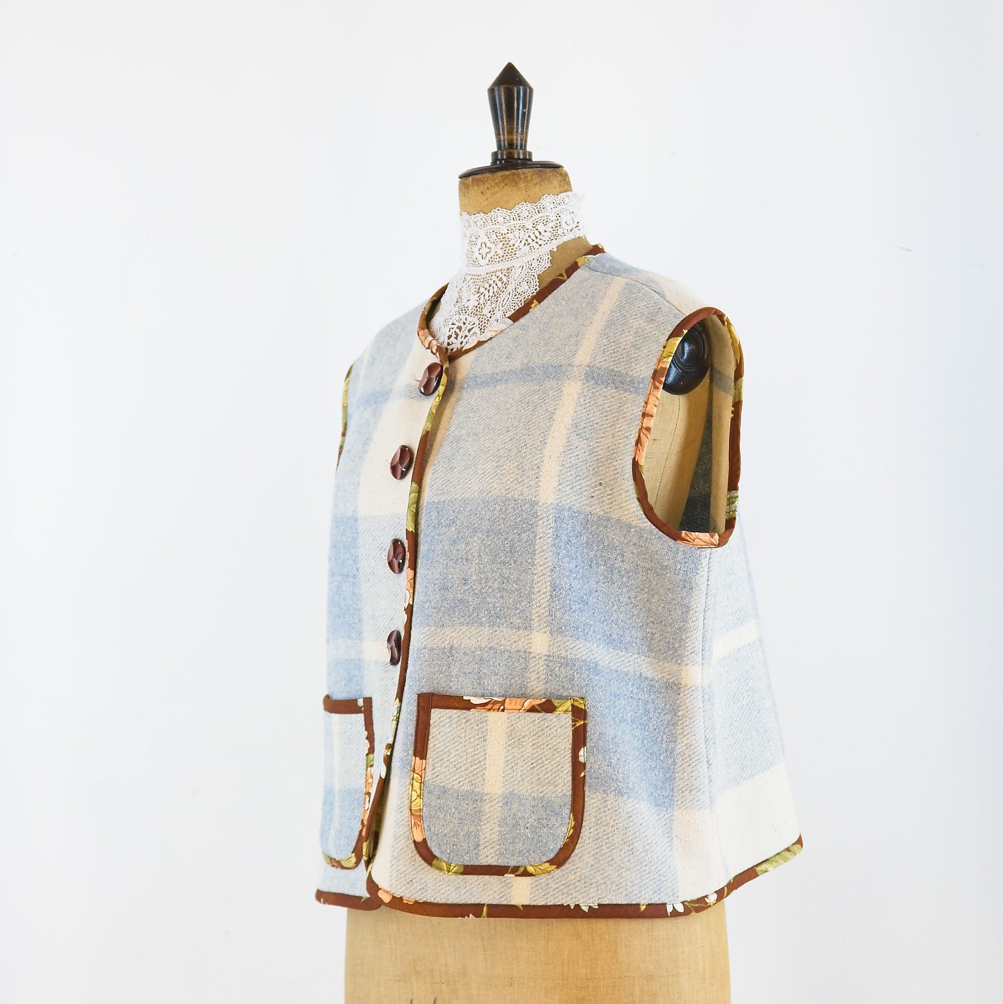 Sleeveless gilet; vintage French wool blanket and Sanderson chintz