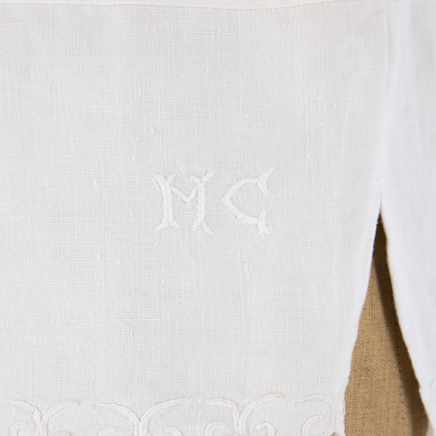 Antique Linen Sleeveless Top, hand stitched scalloped edging