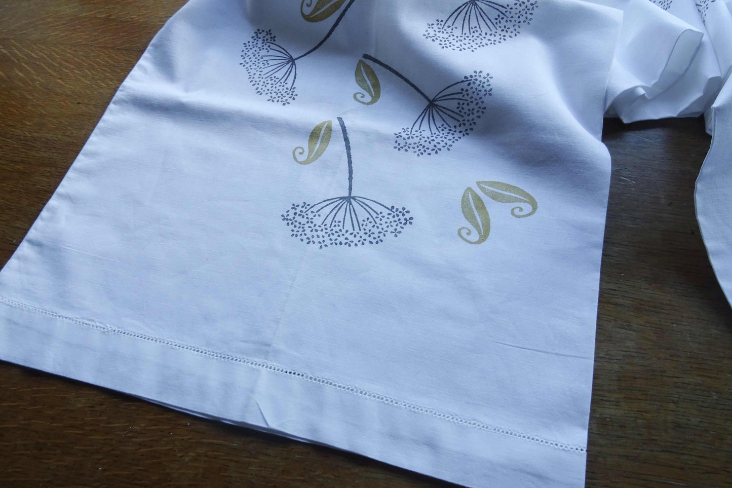 Vintage French linen table runner, hand block printed