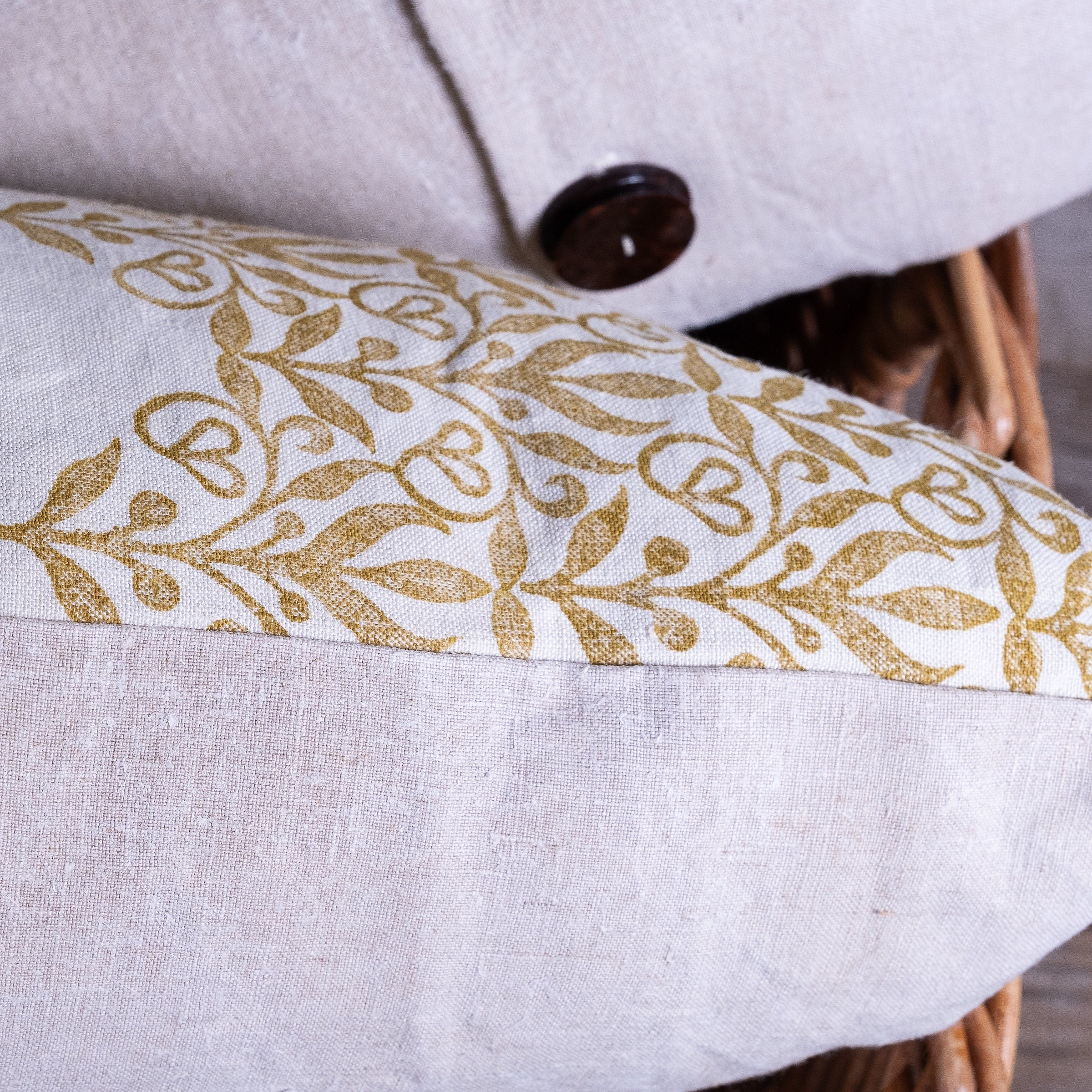 Handmade in house, block printed antique French linen cushion cover