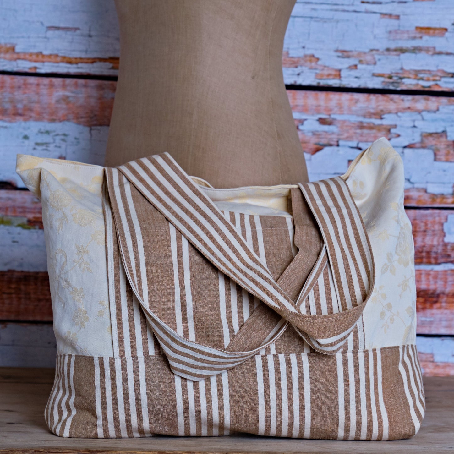 Extra Large Tote Bag: Antique French Damask & Linen