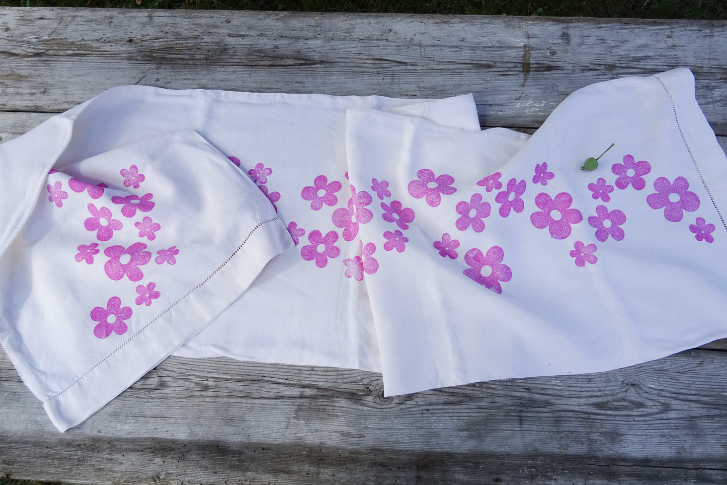 Extra long vintage French linen table runner, hand block printed