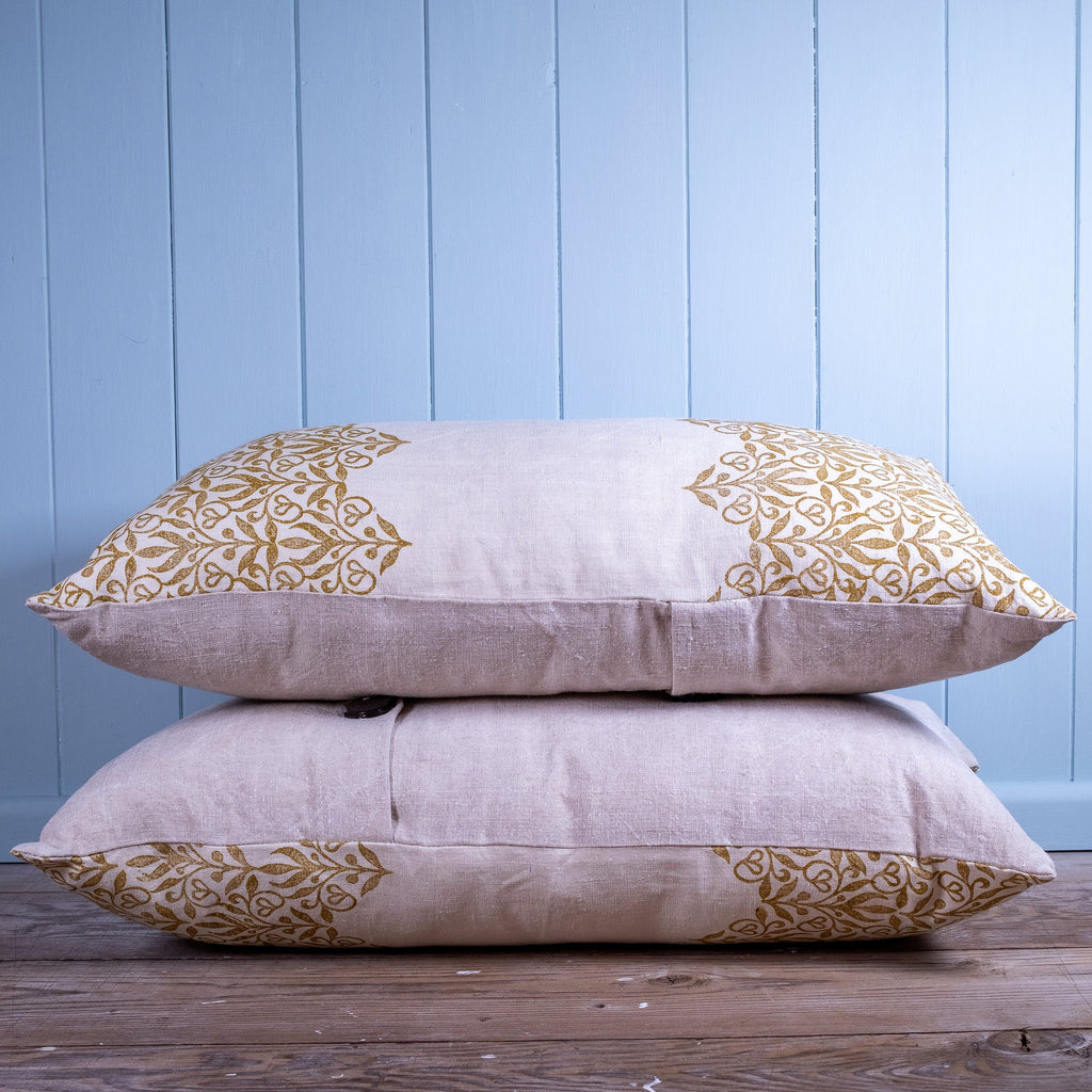 Handmade in house, block printed antique French linen cushion cover