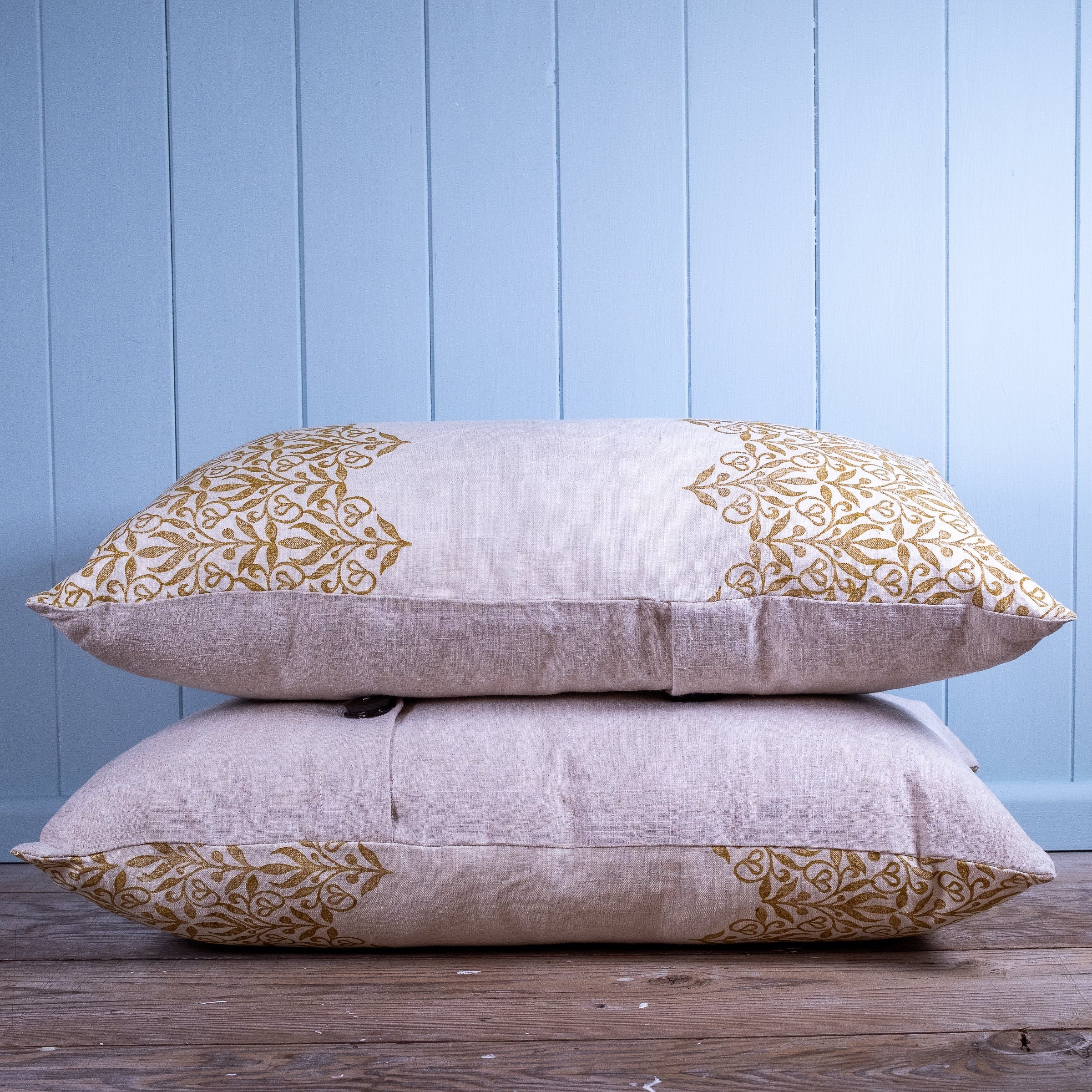 Handmade in house, block printed antique French linen cushion cover