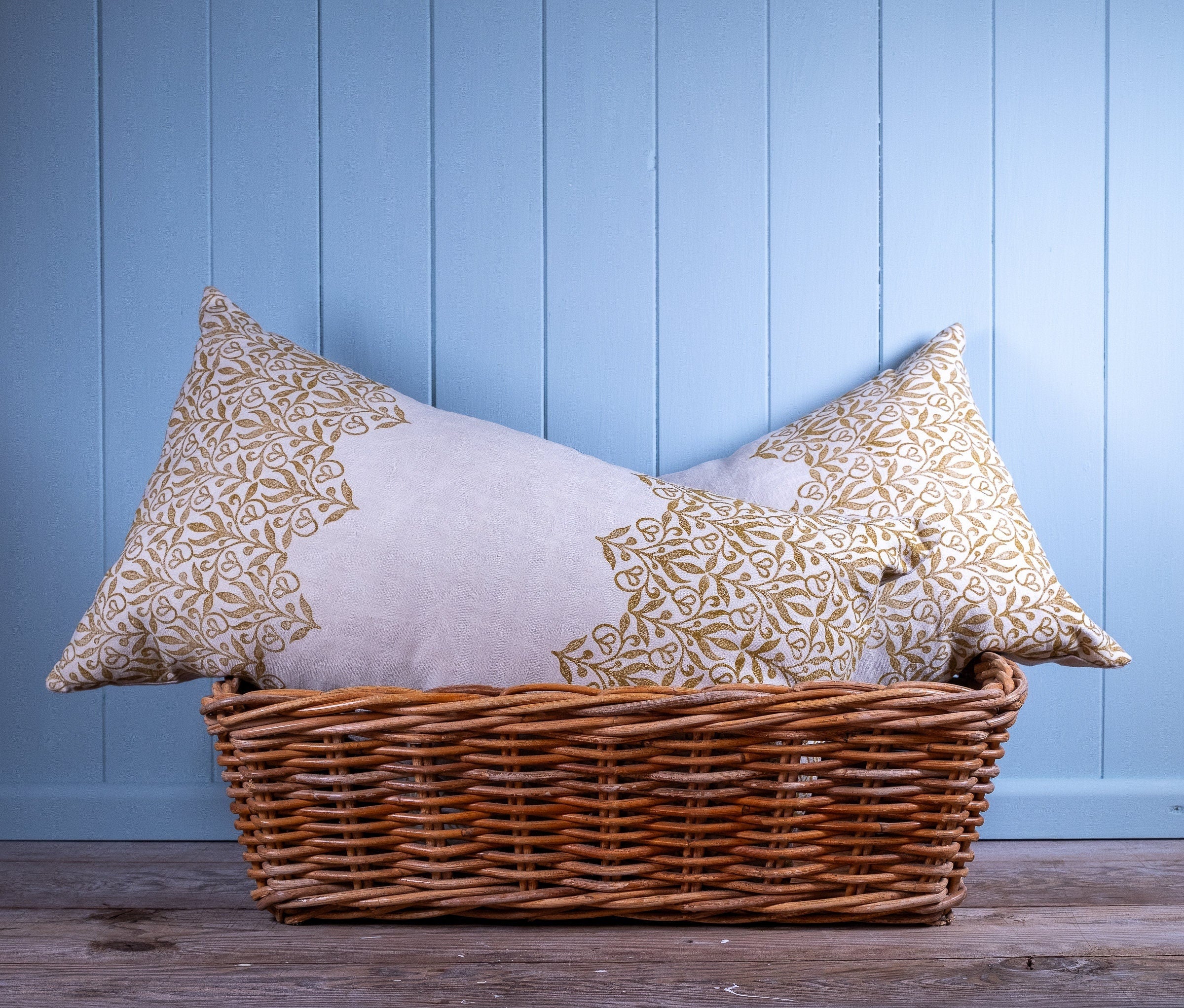 Handmade in house, block printed antique French linen cushion cover