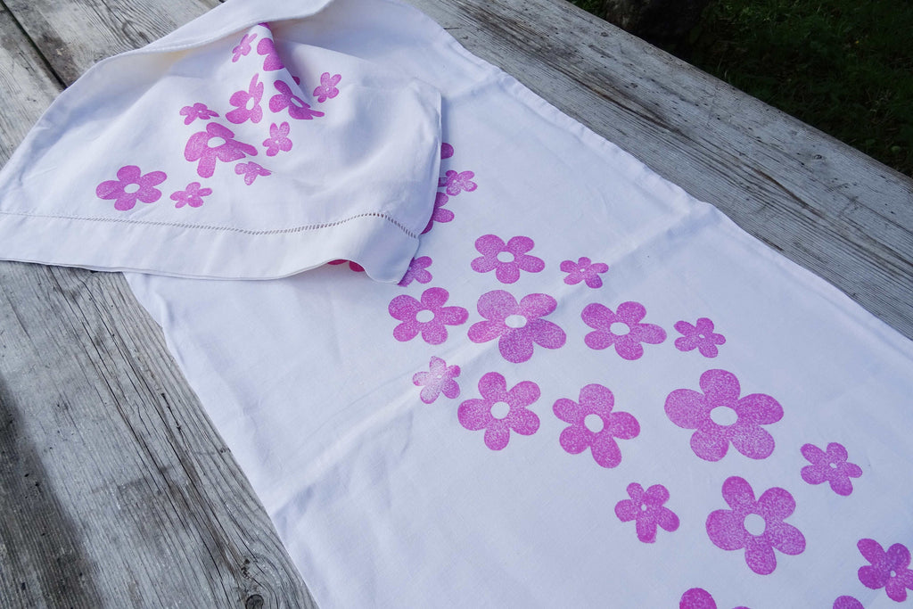 Extra long vintage French linen table runner, hand block printed