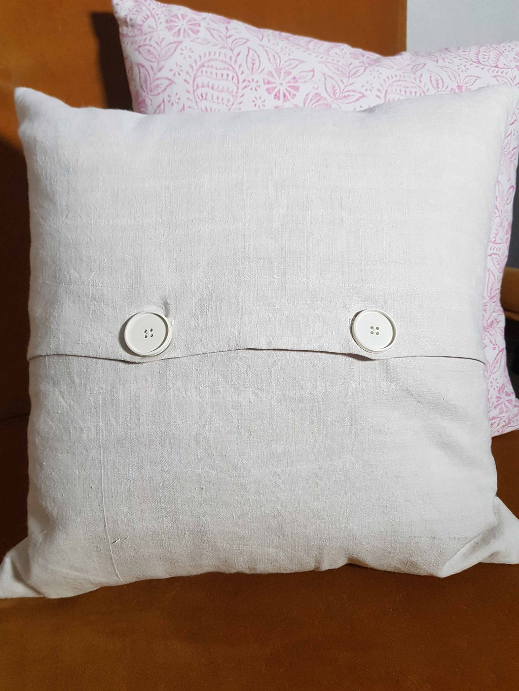 Hand made printed cushion cover,  antique French linen