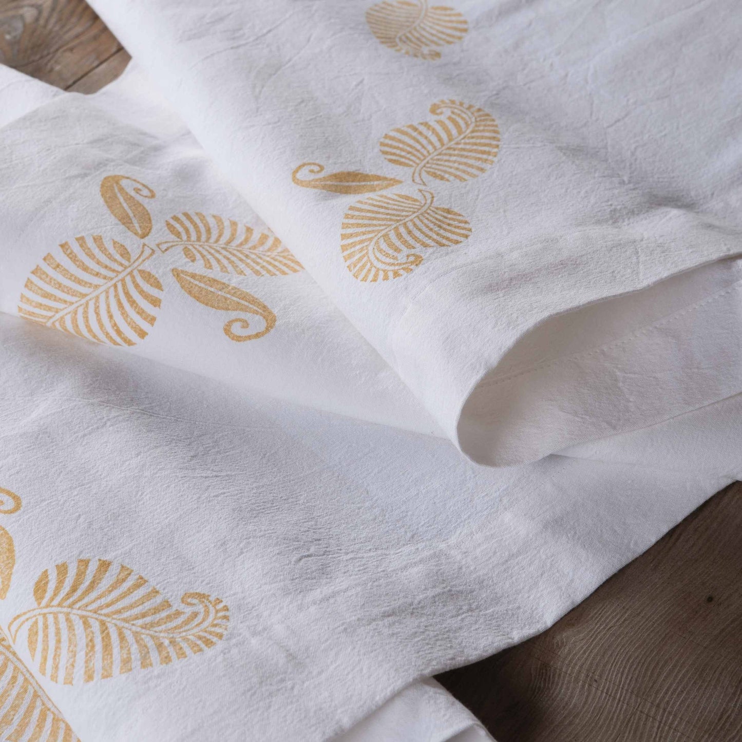 Vintage French linen table runner, hand block printed leaf design