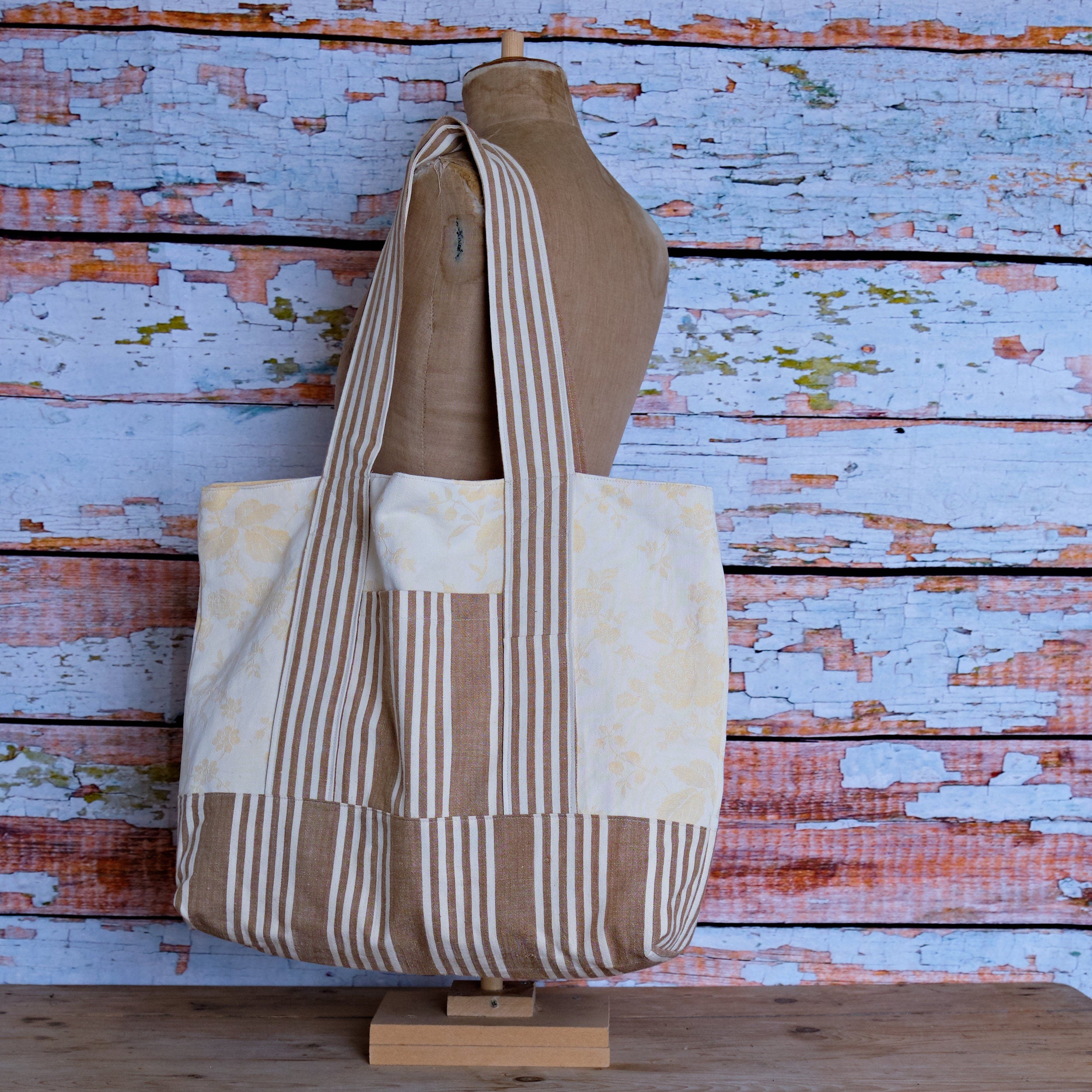 Extra Large Tote Bag: Antique French Damask & Linen