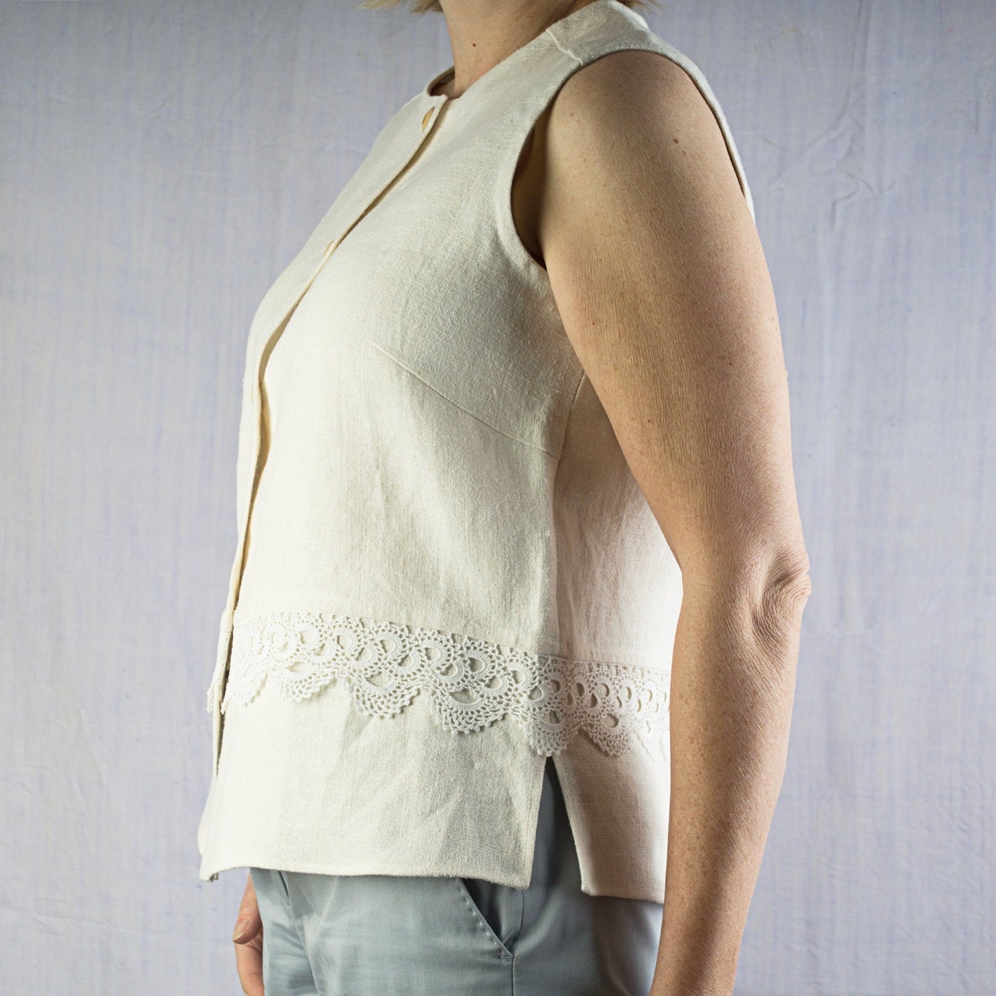 Vintage French Linen Sleeveless Top: Cream Lace Waistcoat