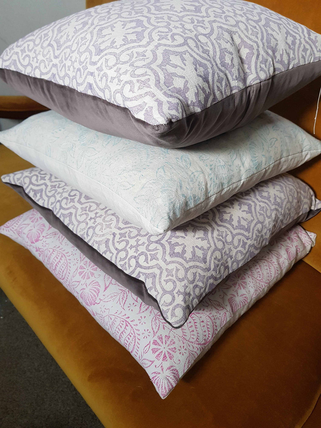 Hand printed antique French linen cushion cover, velvet back - medium