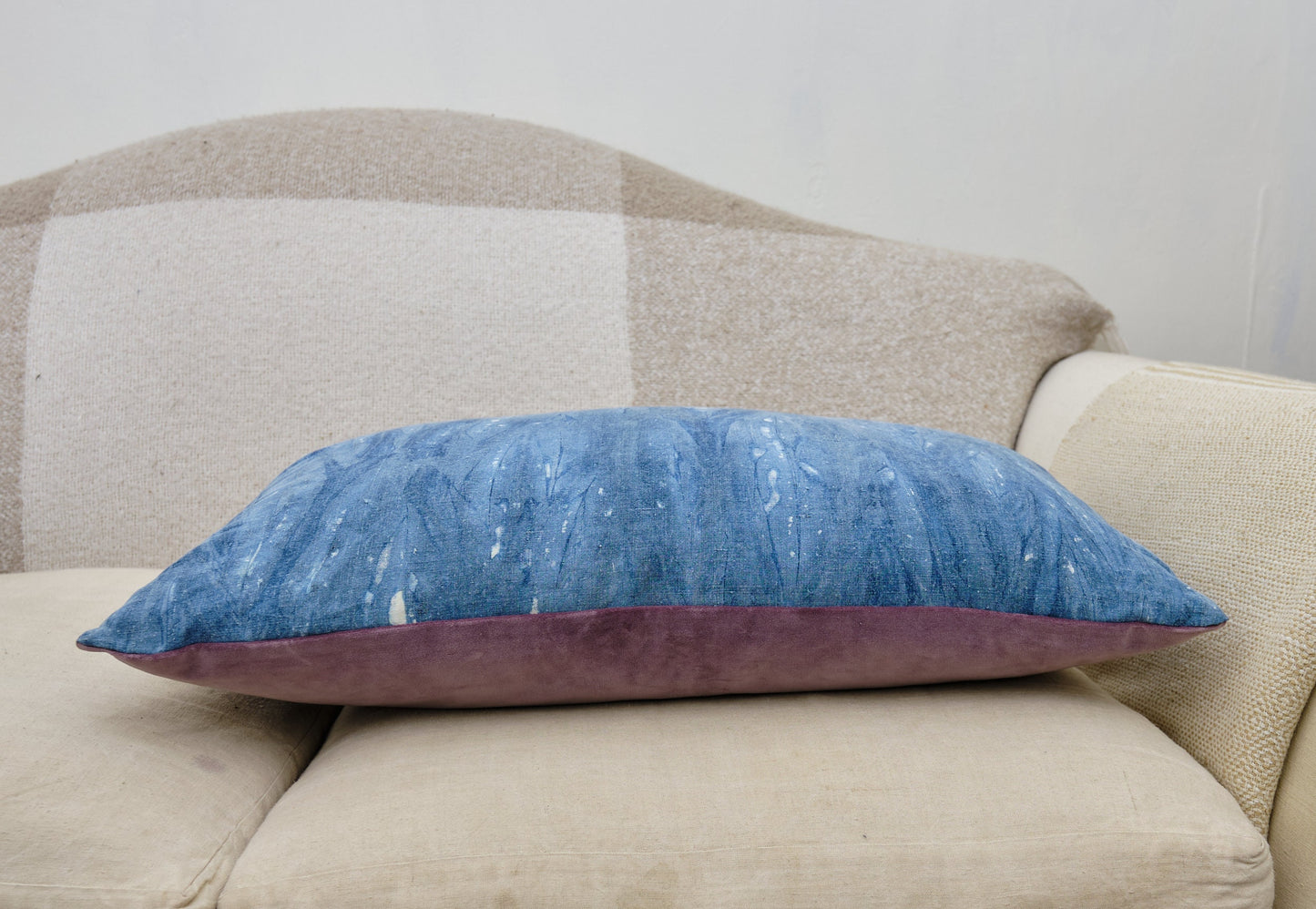Indigo dyed antique French linen cushion cover, velvet back