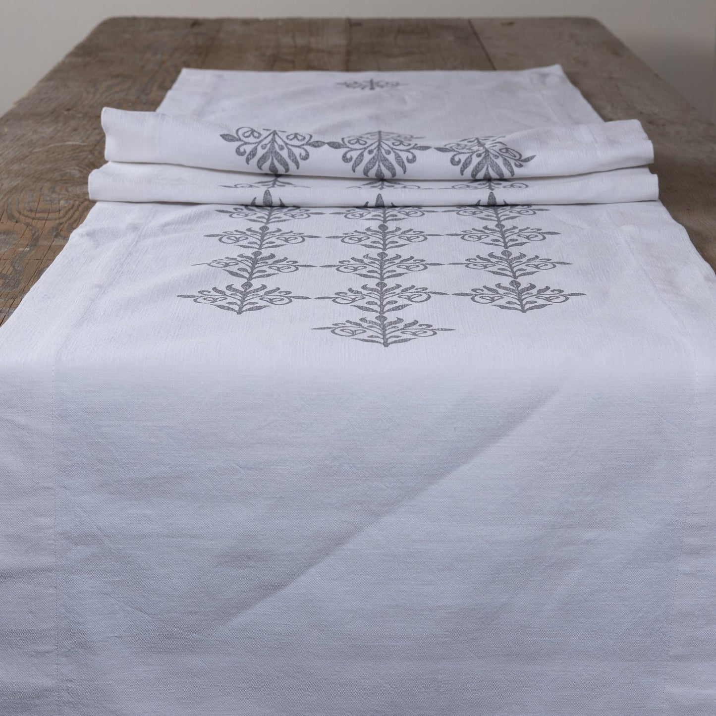 Vintage French linen table runner, hand block printed