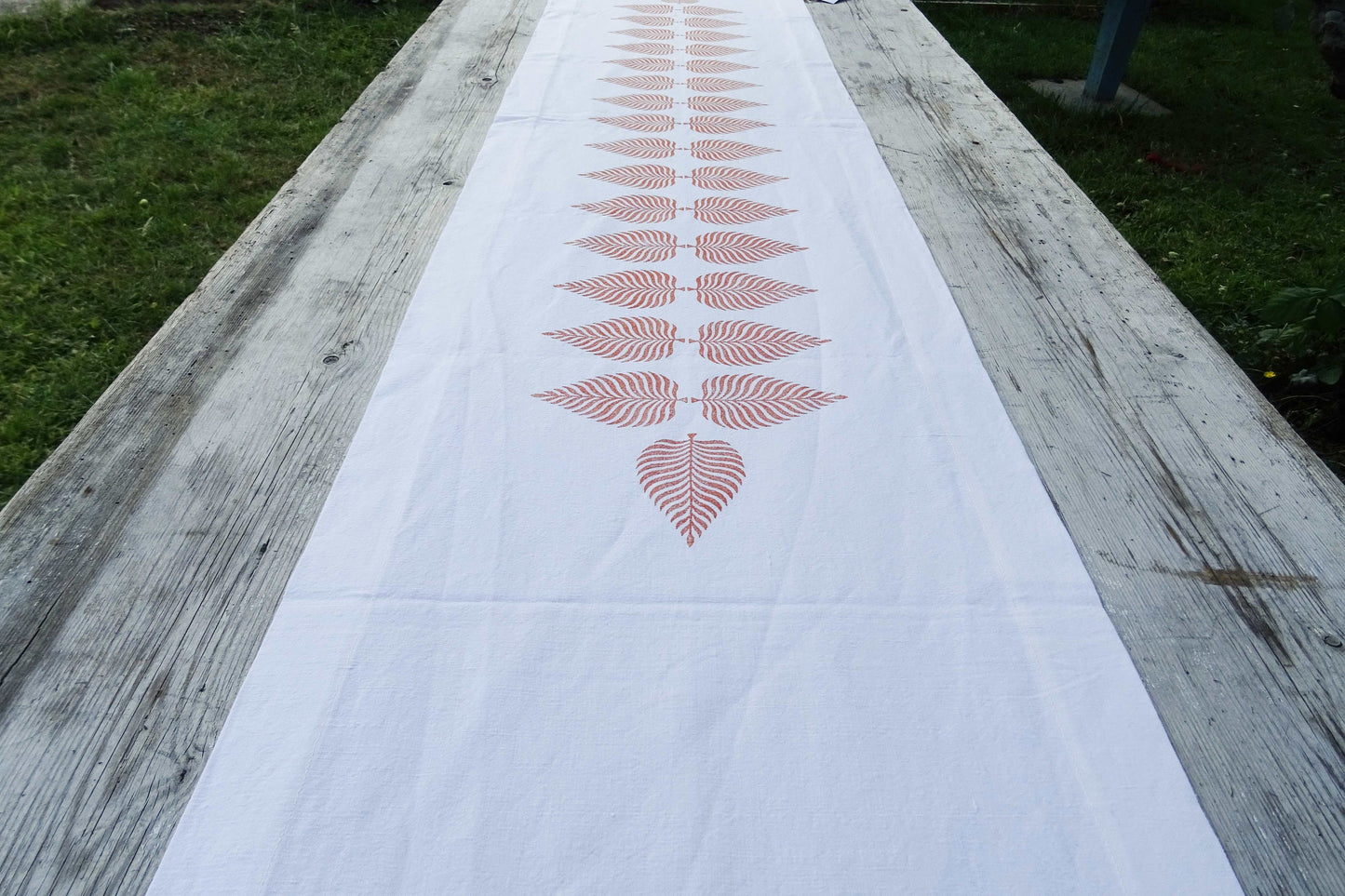 Long vintage French linen table runner, hand block printed leaf design