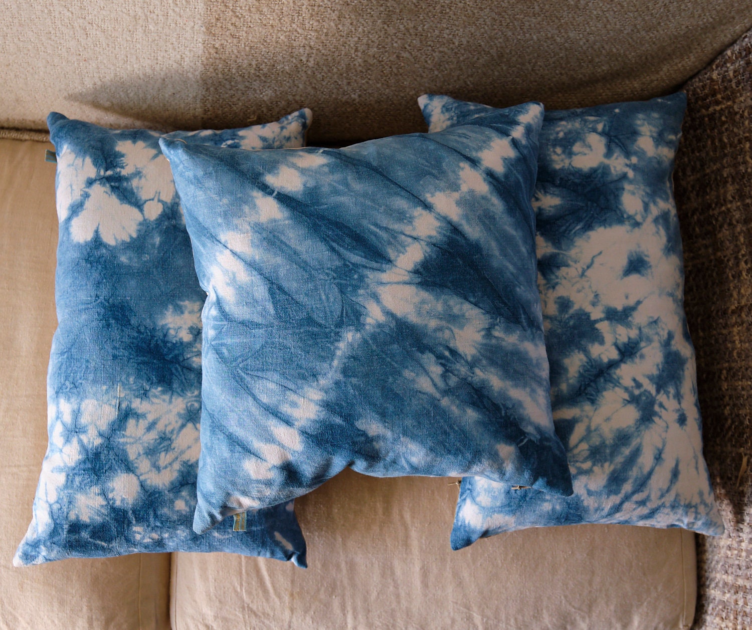 Square cushion cover, indigo dyed antique French linen and striped ticking back