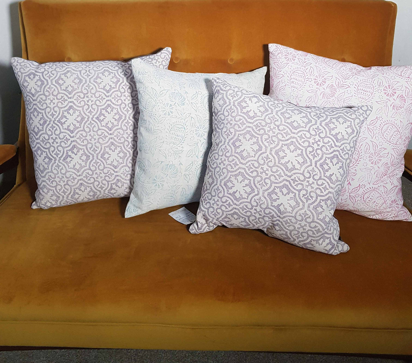 Hand printed antique French linen cushion cover, velvet back - large