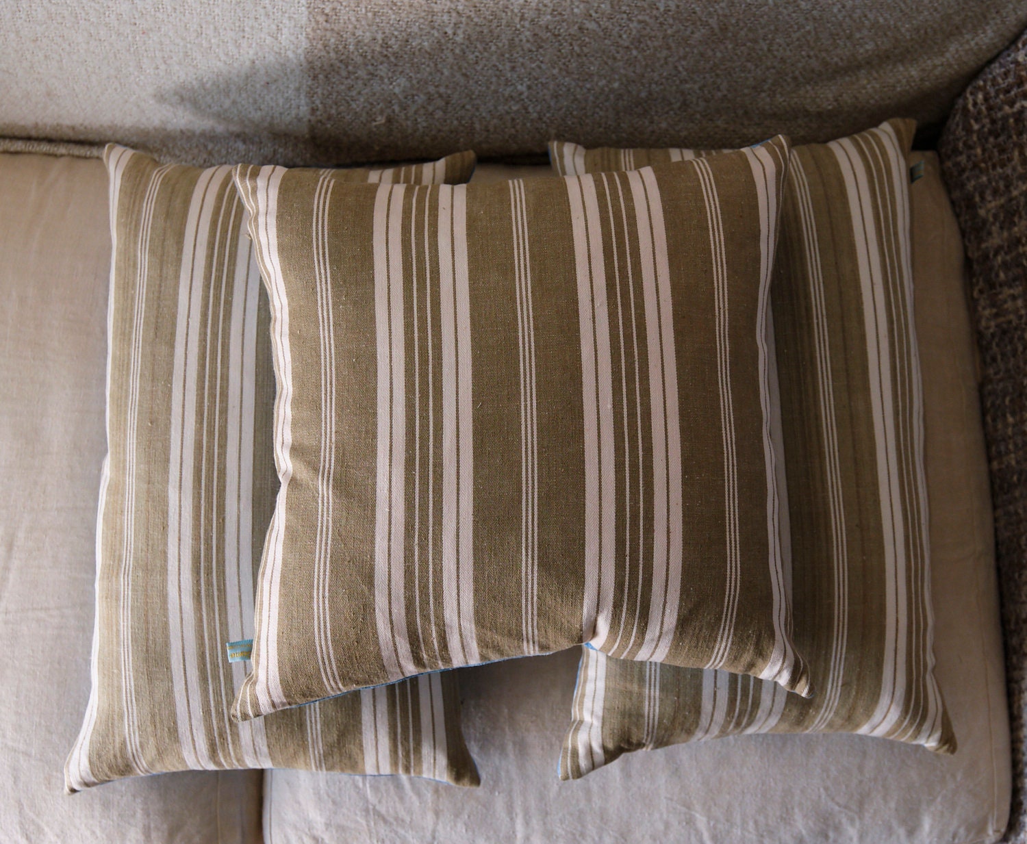 Square cushion cover, indigo dyed antique French linen and striped ticking back