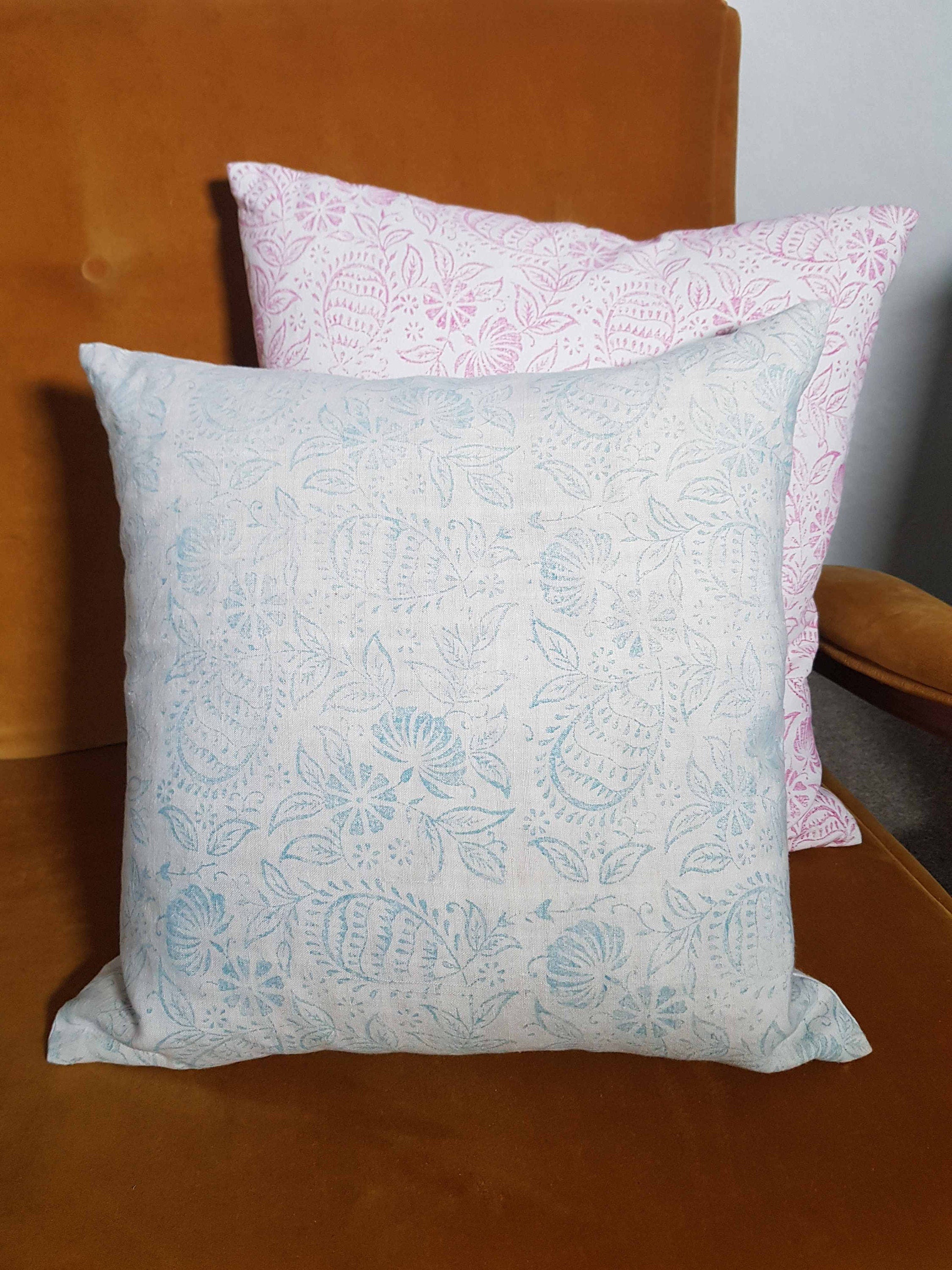 Hand made printed cushion cover,  antique French linen