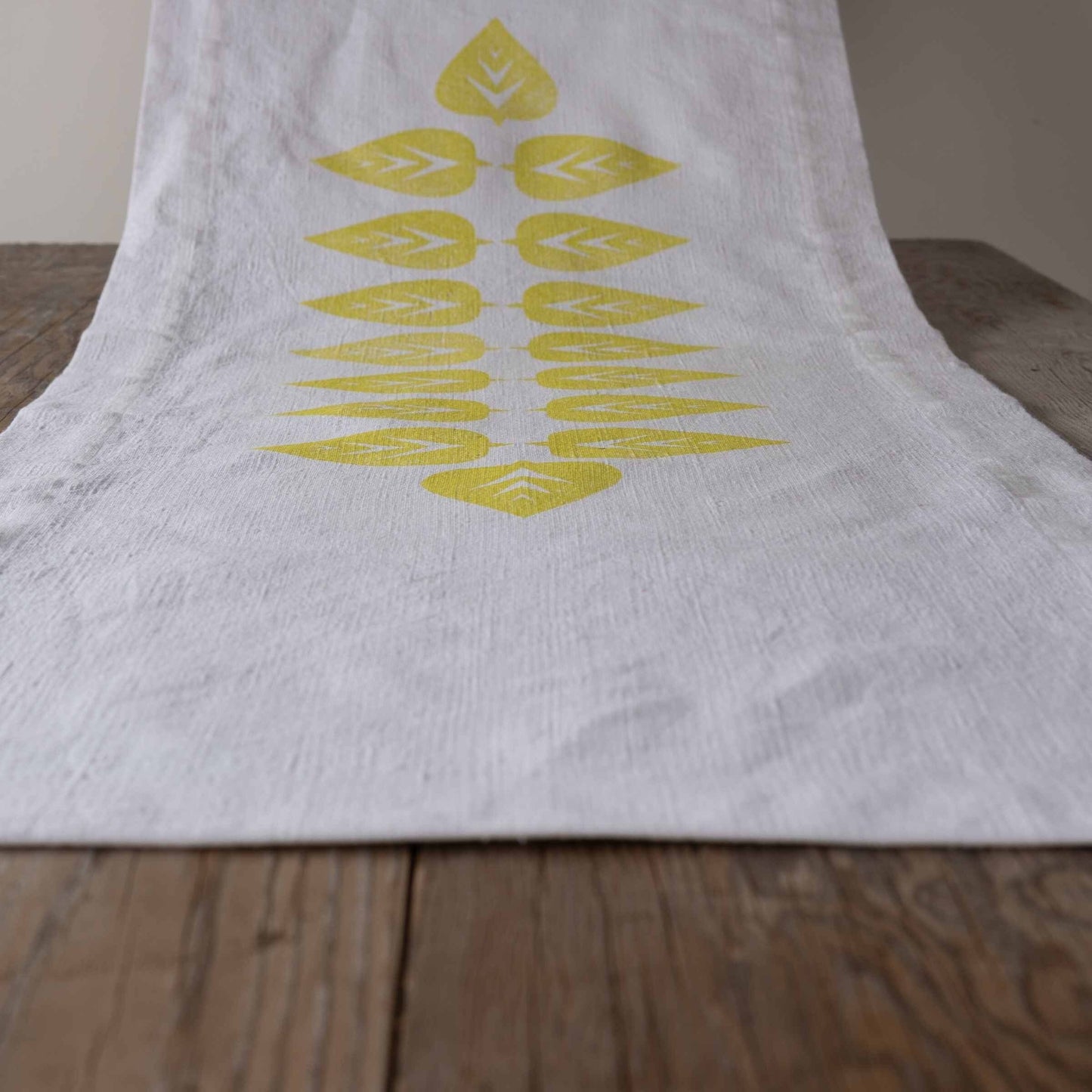 Vintage French linen table runner, hand block printed leaf design