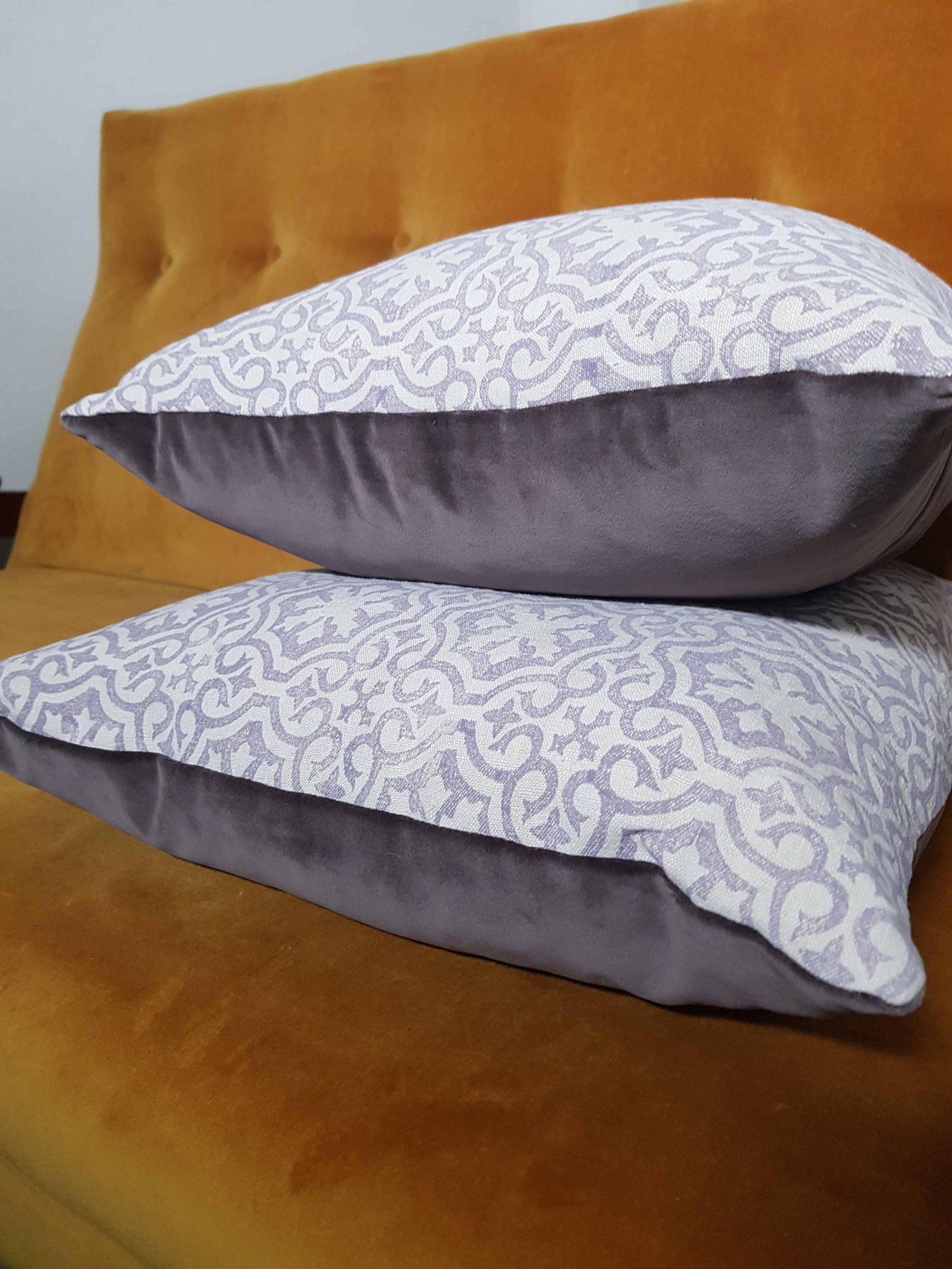 Hand printed antique French linen cushion cover, velvet back - medium