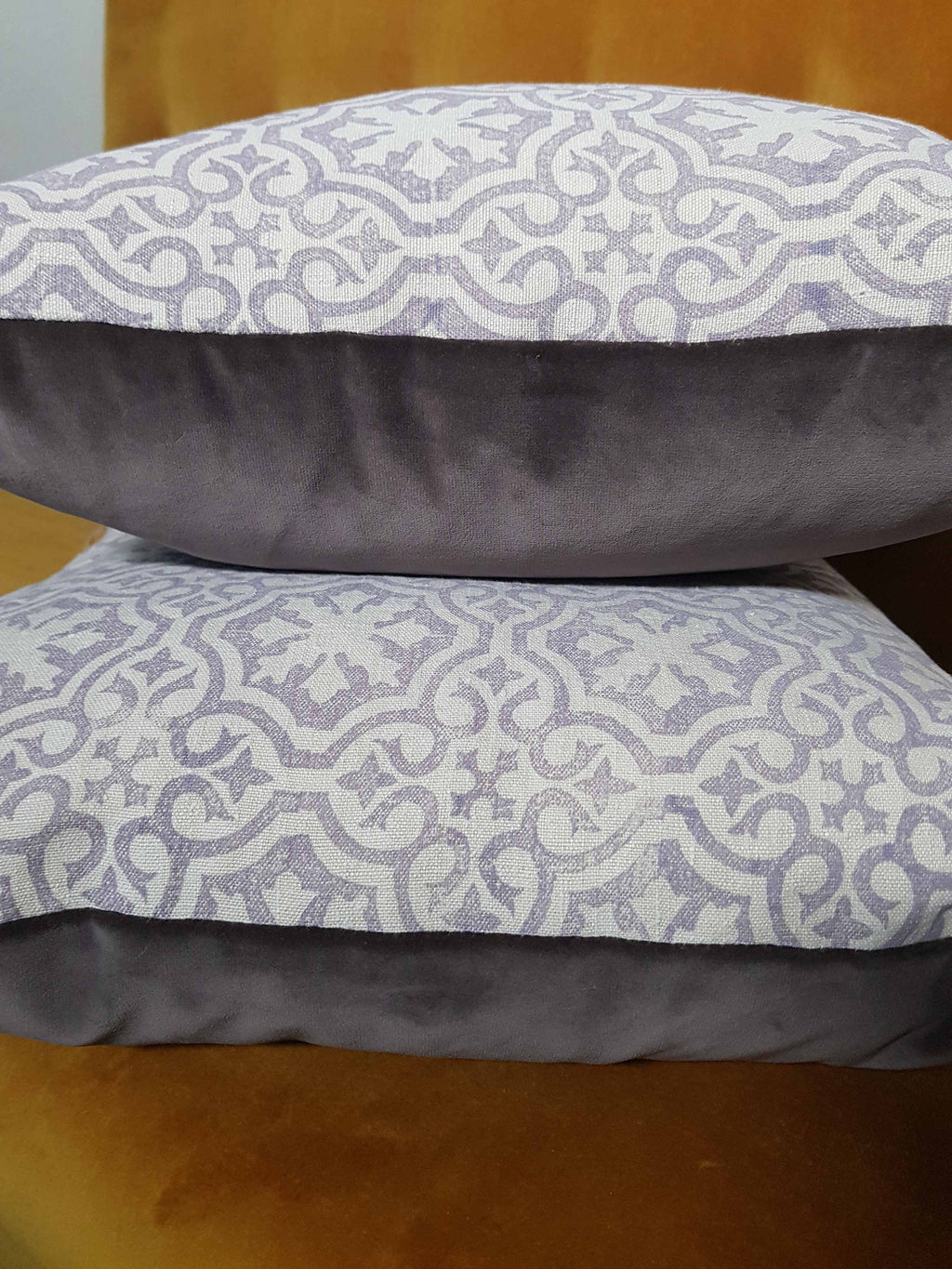 Hand printed antique French linen cushion cover, velvet back - large