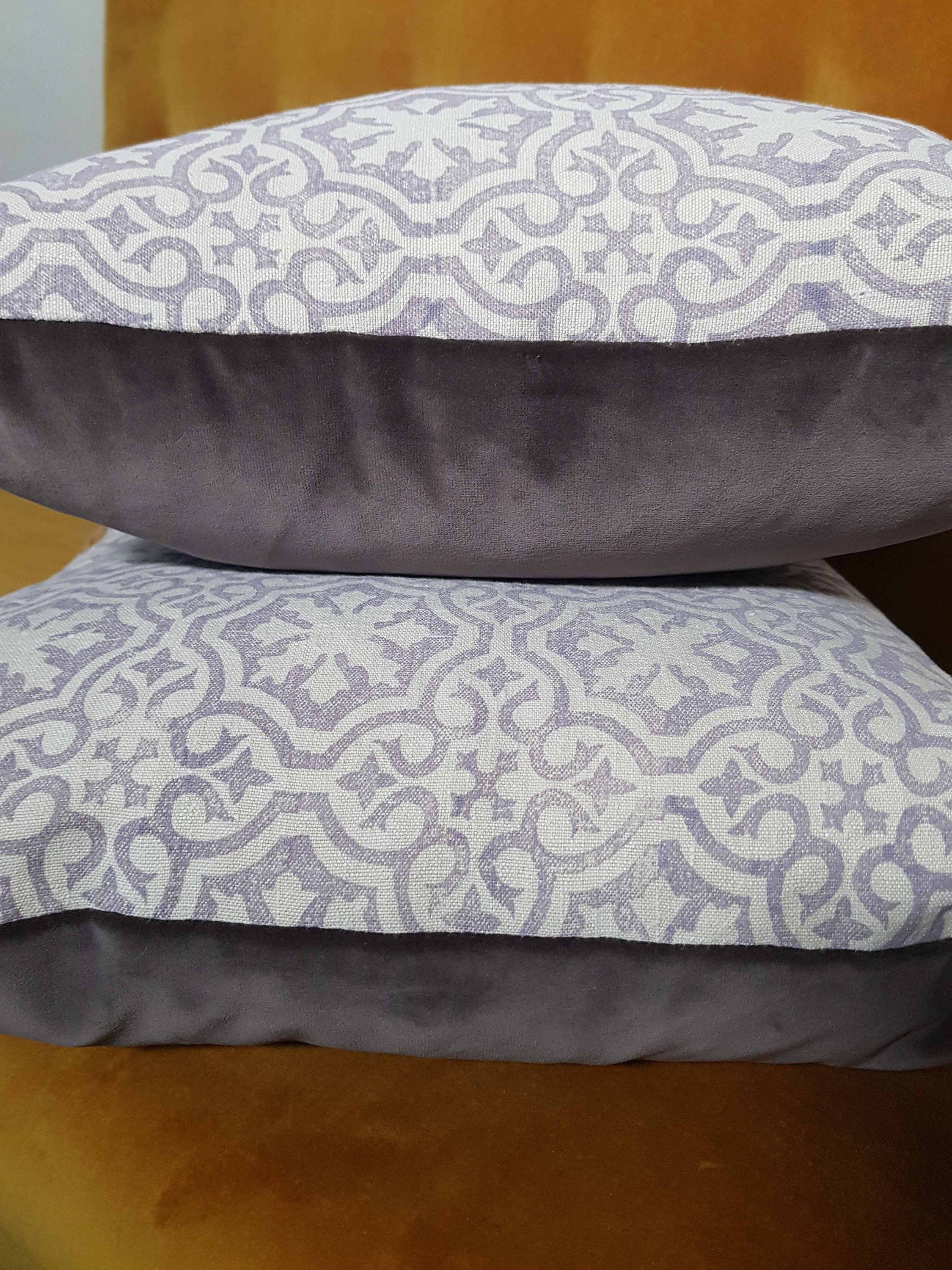 Hand printed antique French linen cushion cover, velvet back - large