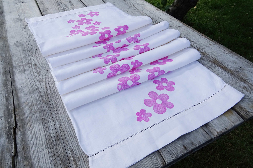Extra long vintage French linen table runner, hand block printed