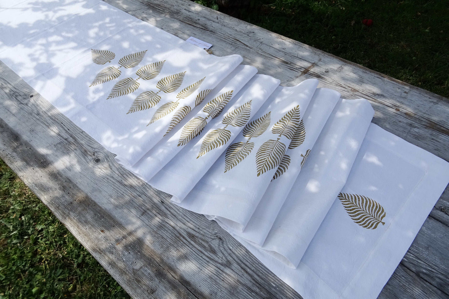 Long vintage French linen table runner, hand block printed fern leaf design