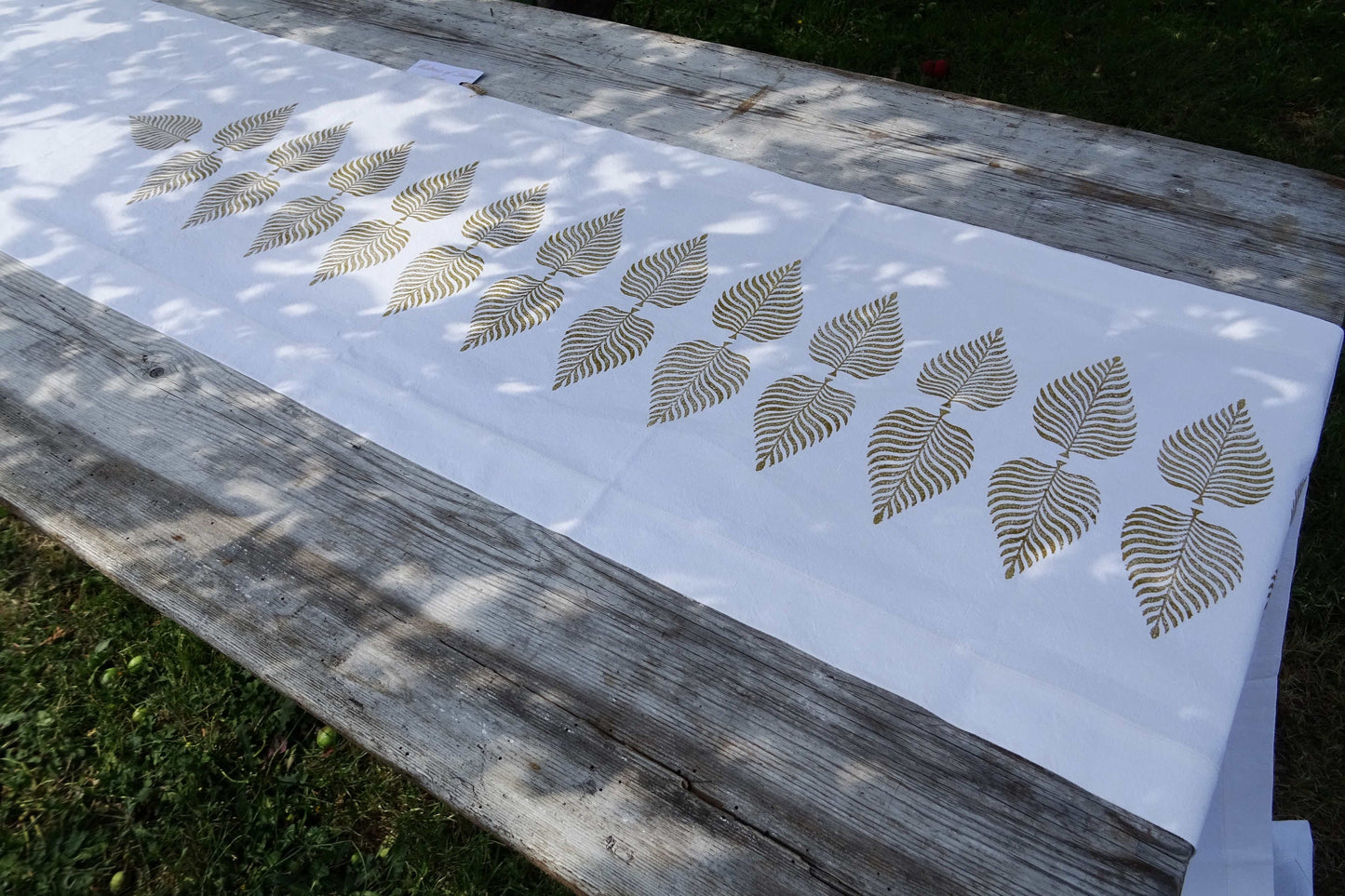 Long vintage French linen table runner, hand block printed fern leaf design