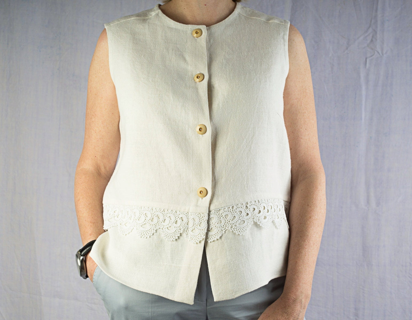 Vintage French Linen Sleeveless Top: Cream Lace Waistcoat