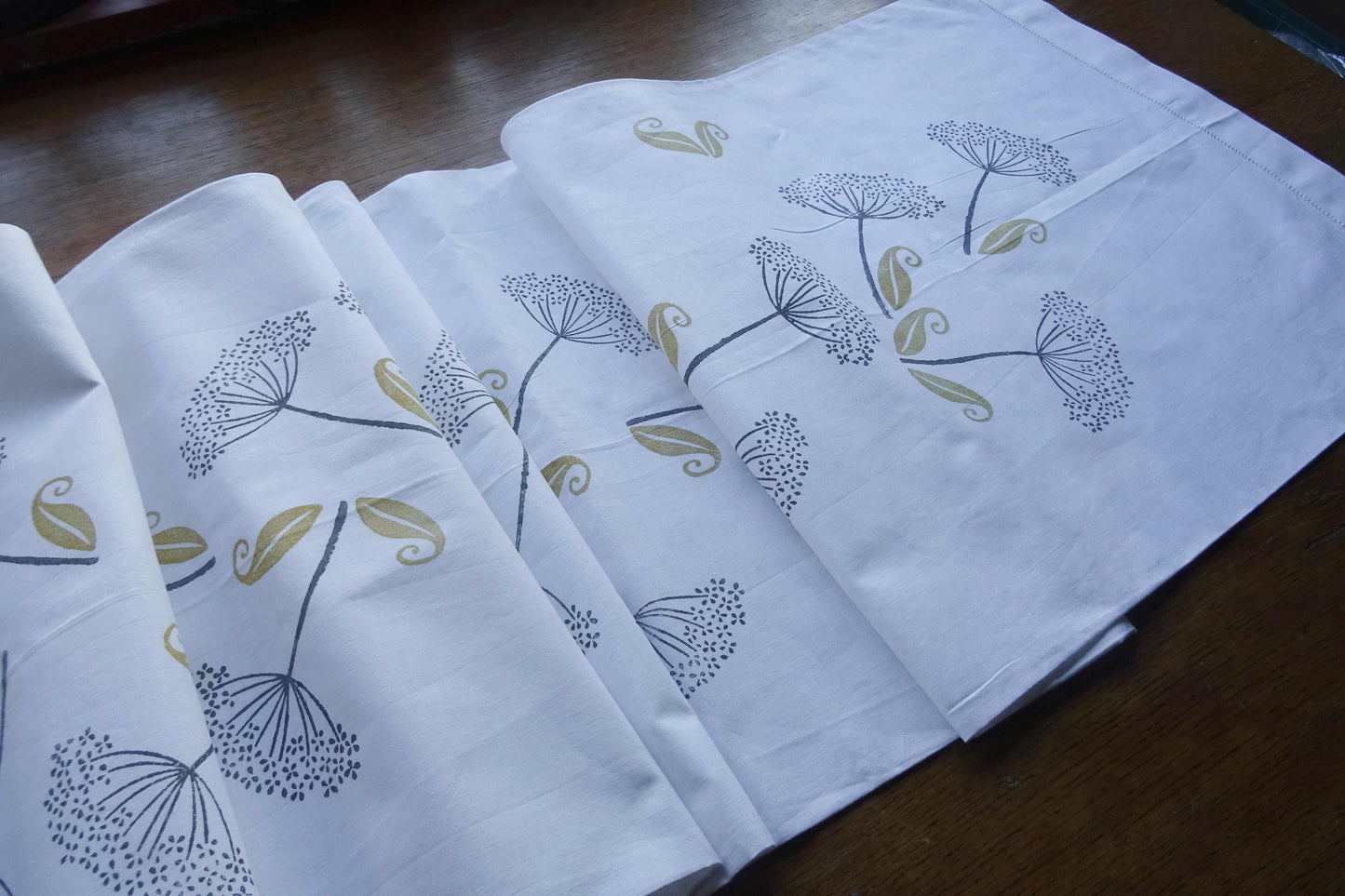 Vintage French linen table runner, hand block printed
