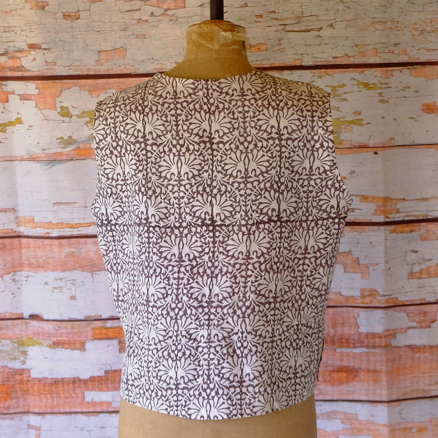 Sleeveless blouse, hand block printed antique French linen, waistcoat, top, jacket, shirt, summer