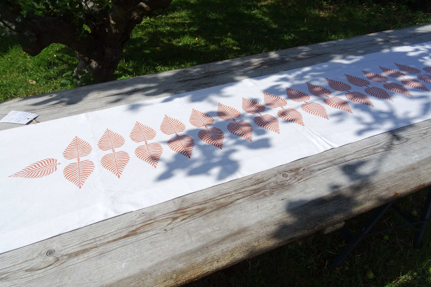 Long vintage French linen table runner, hand block printed leaf design