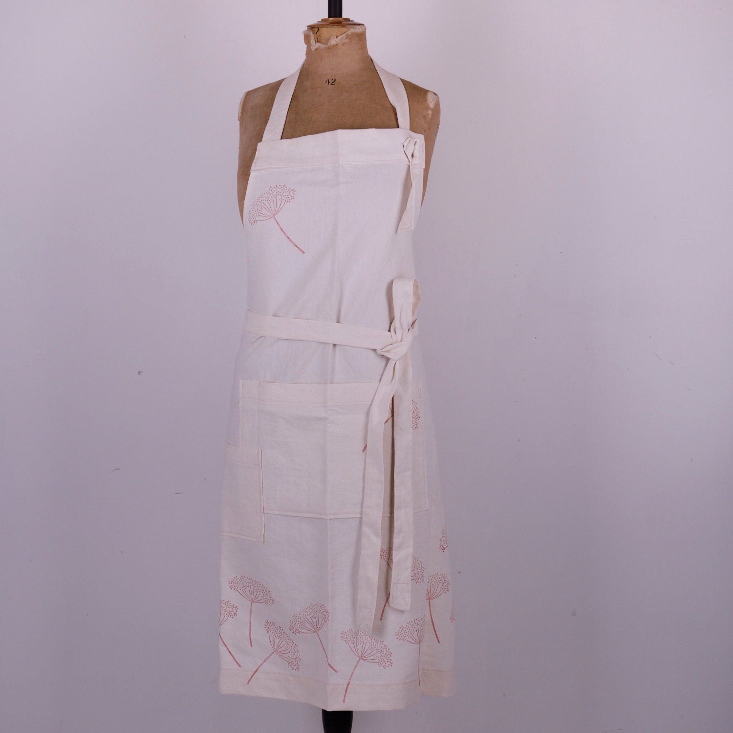 Hand Block Printed Linen Apron: Vintage French Style, Adjustable Neck