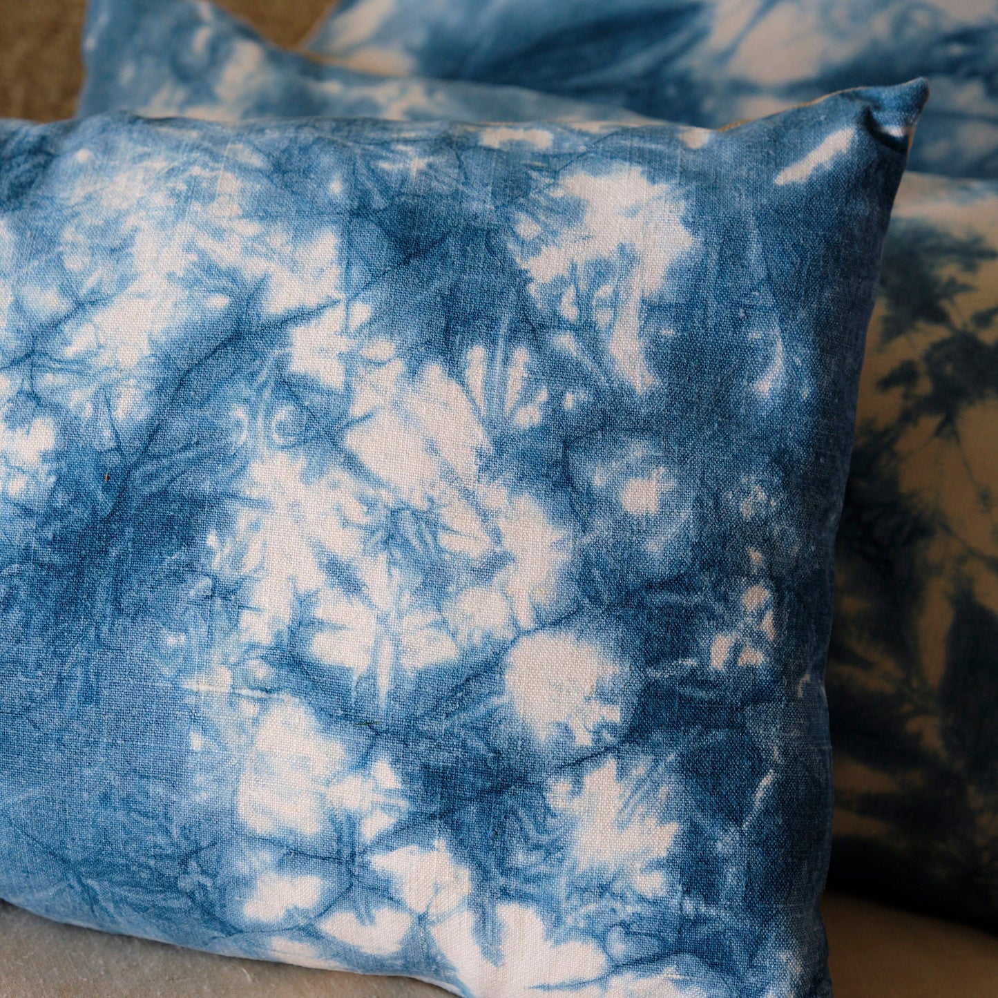 Rectangular cushion cover, indigo dyed antique French linen and striped ticking back