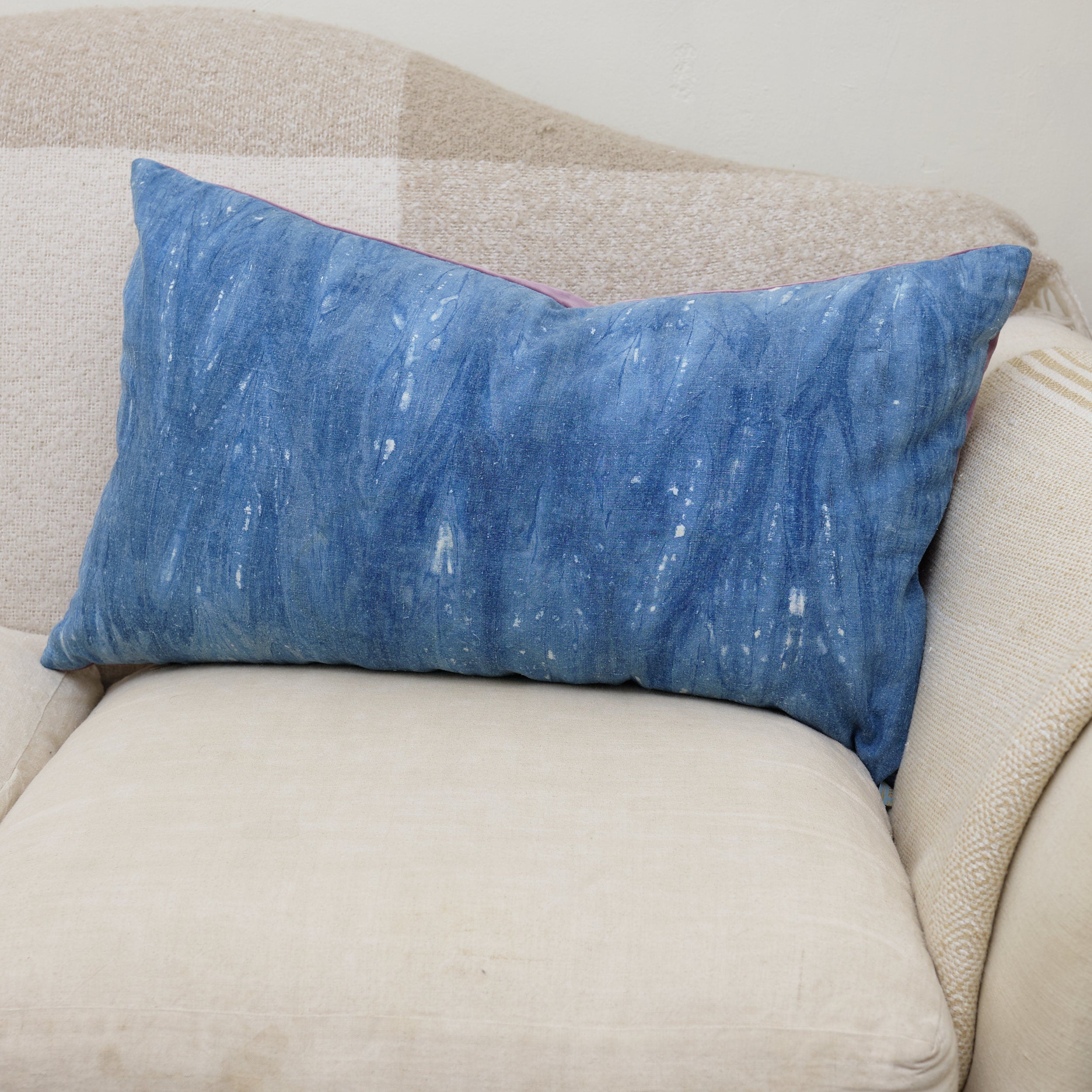 Indigo dyed antique French linen cushion cover, velvet back