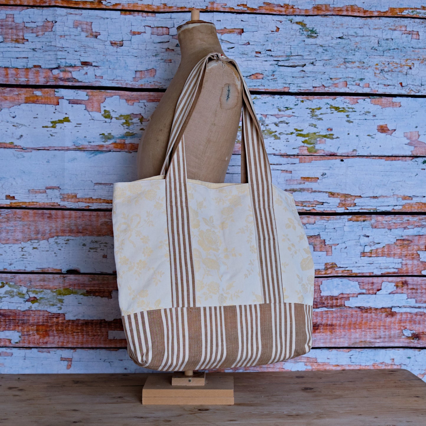 Extra Large Tote Bag: Antique French Damask & Linen