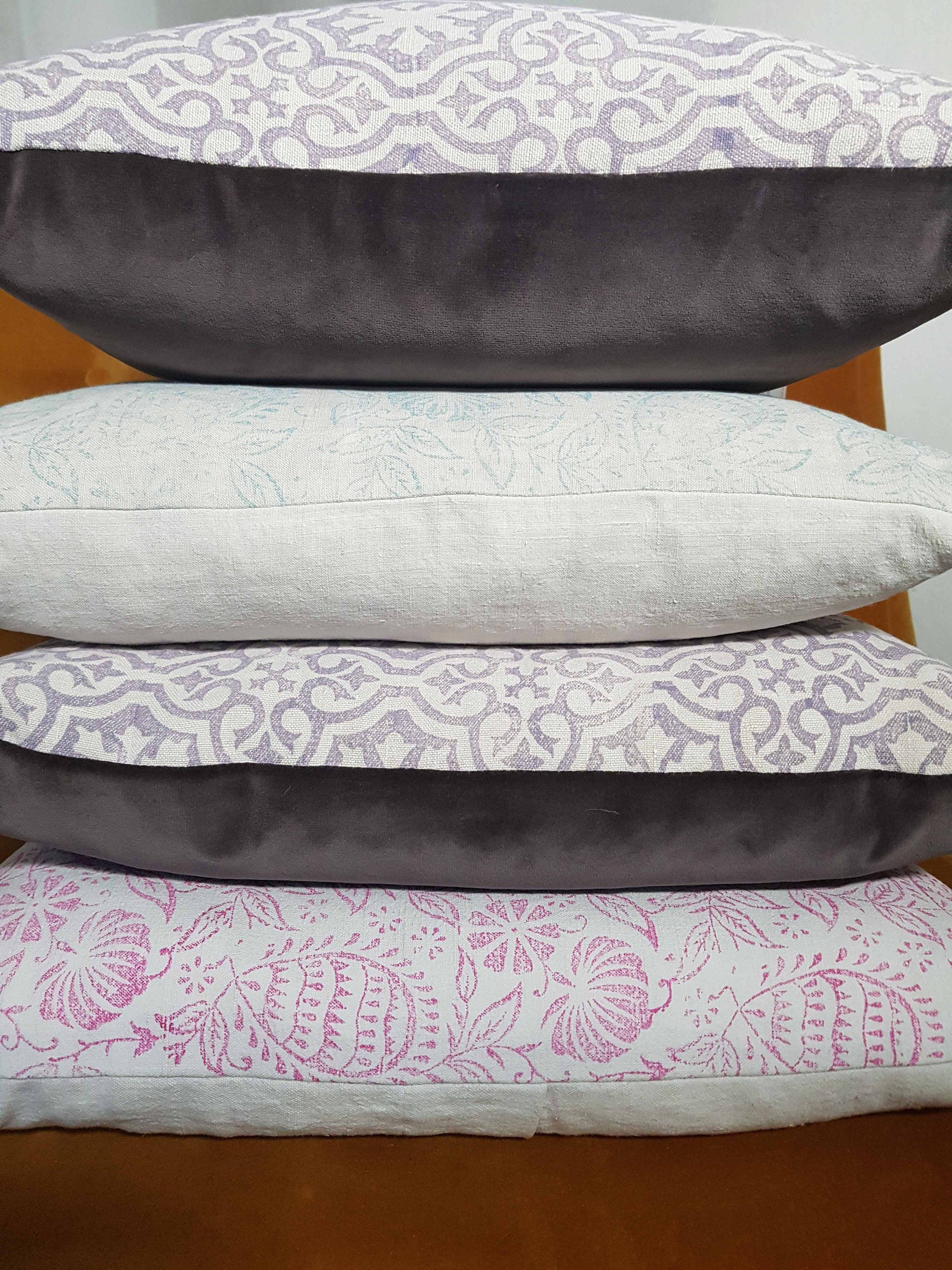 Hand printed antique French linen cushion cover, velvet back - large