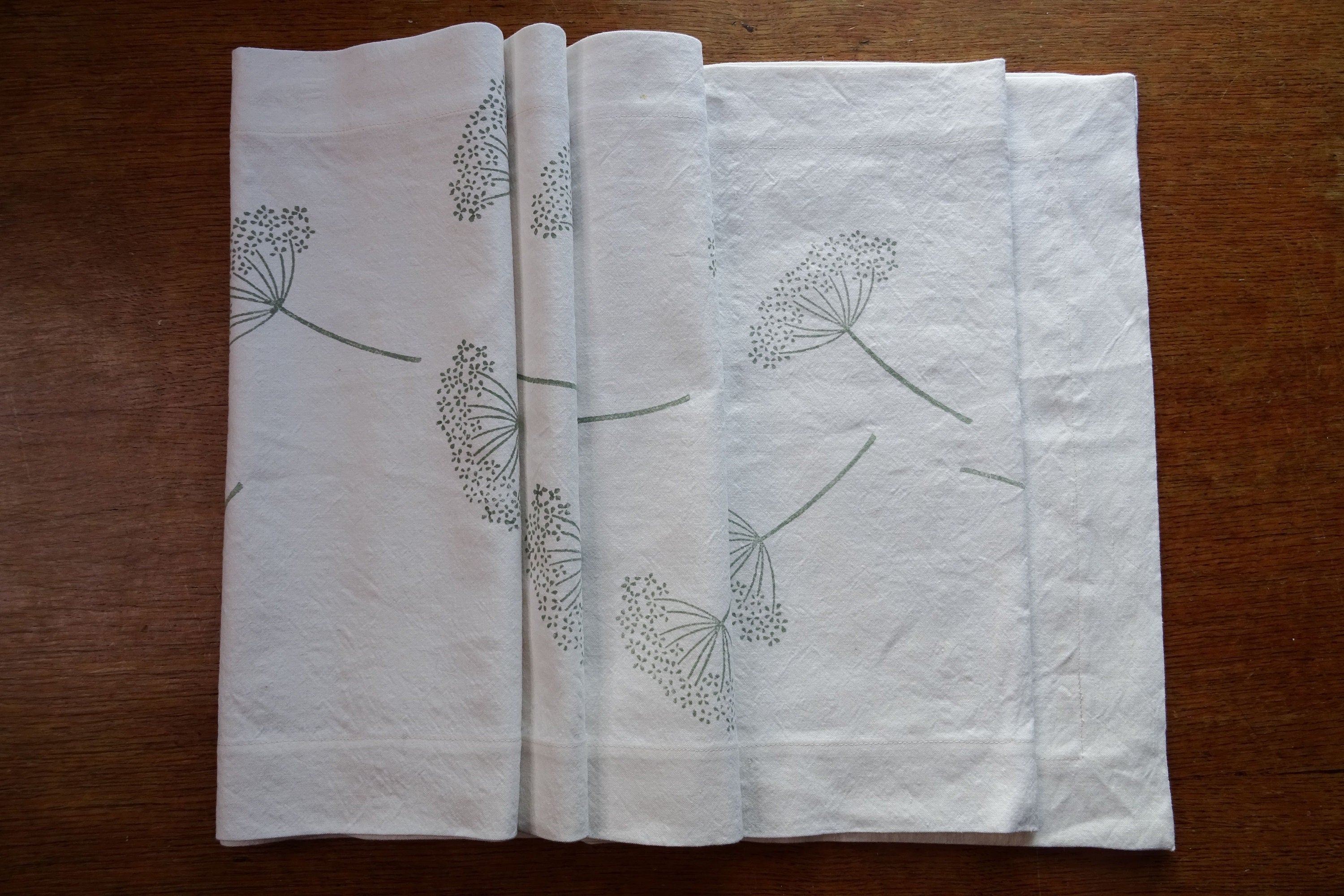 Extra long vintage French linen table runner, hand block printed seedhead design