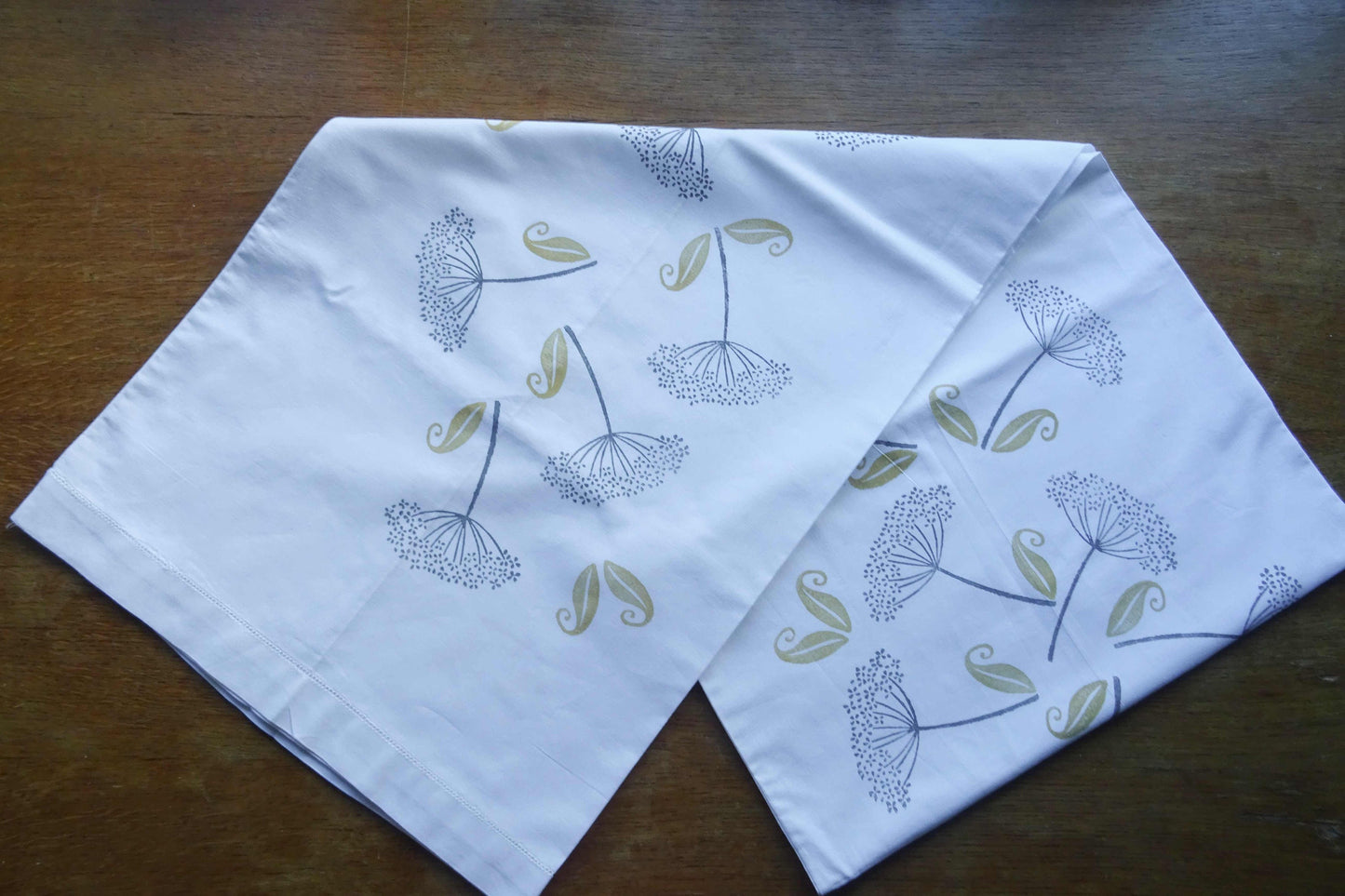 Vintage French linen table runner, hand block printed