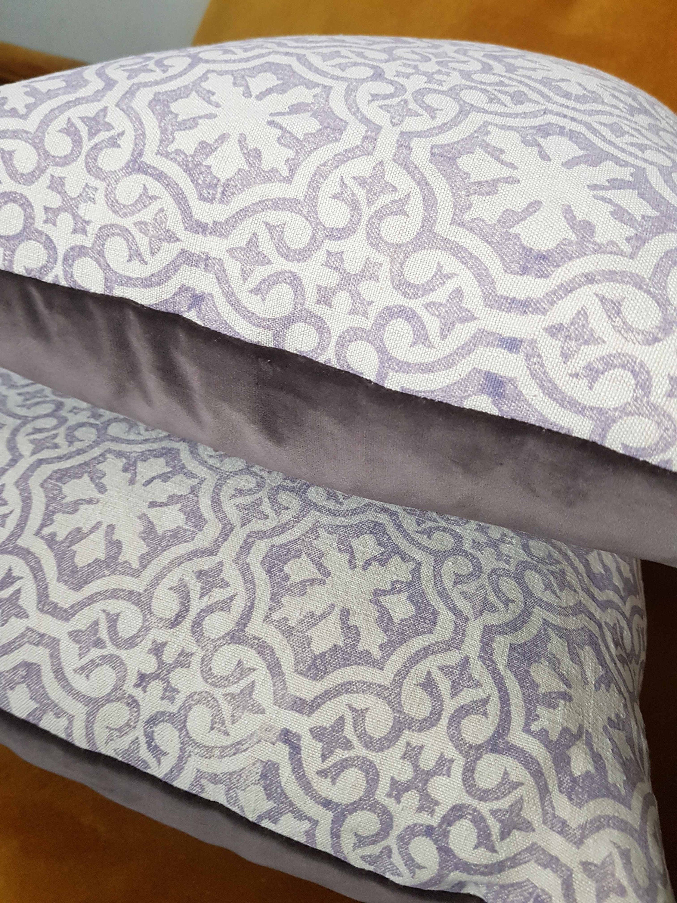 Hand printed antique French linen cushion cover, velvet back - medium