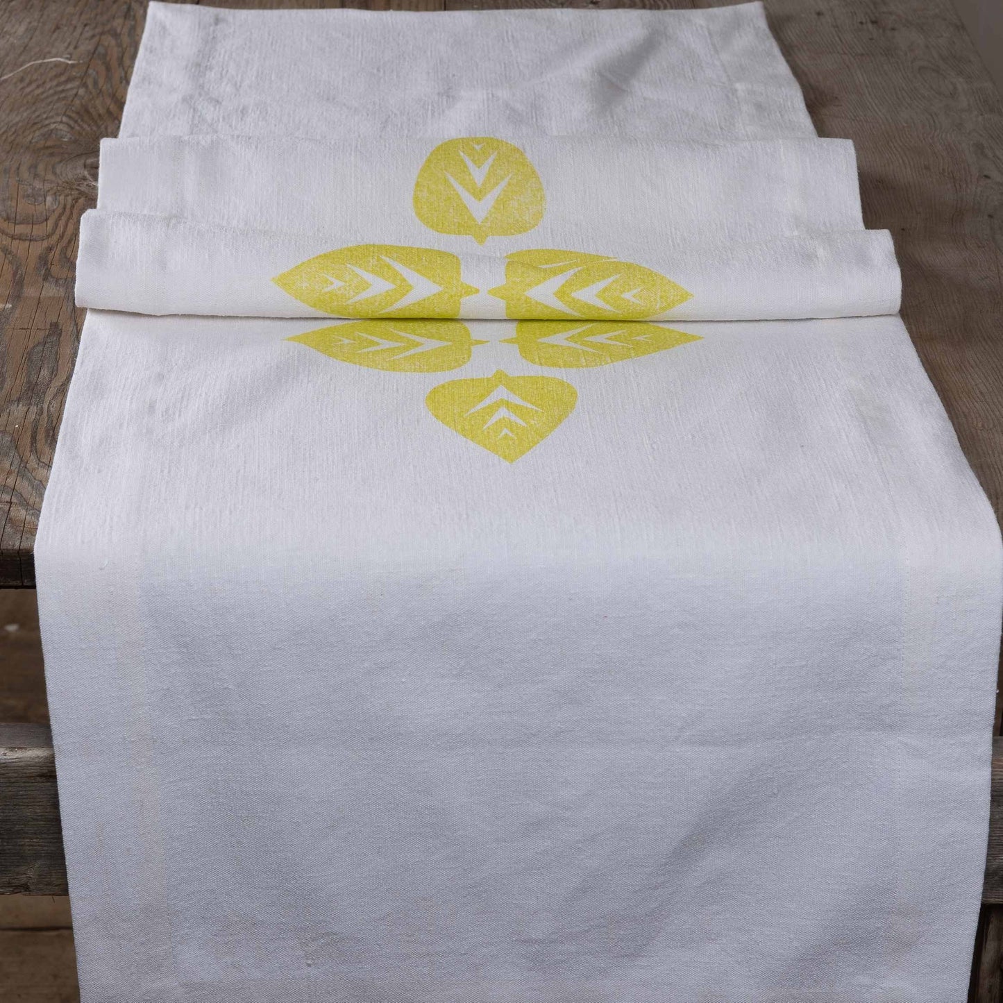 Vintage French linen table runner, hand block printed leaf design