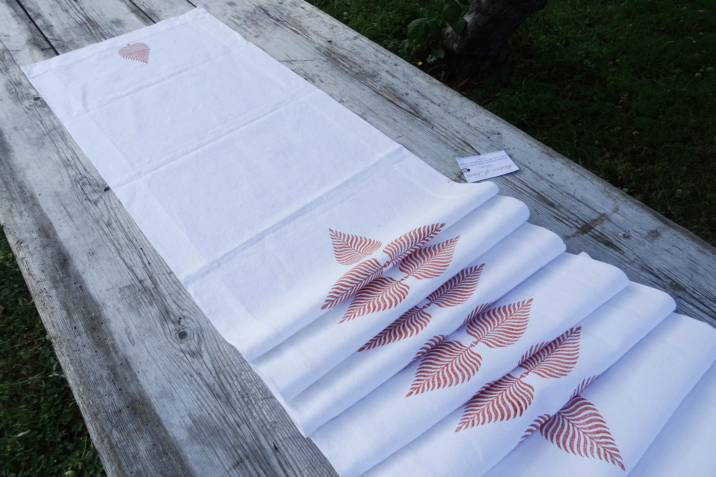 Long vintage French linen table runner, hand block printed leaf design