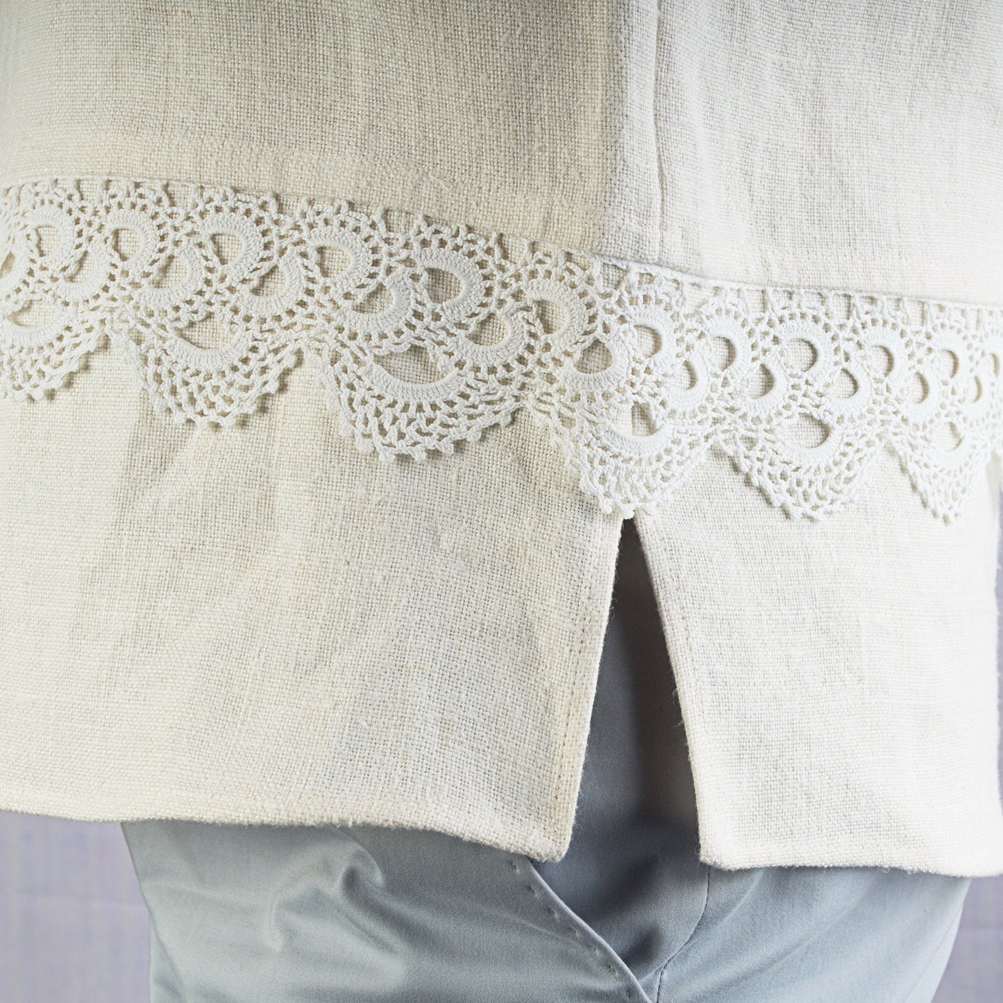 Vintage French Linen Sleeveless Top: Cream Lace Waistcoat