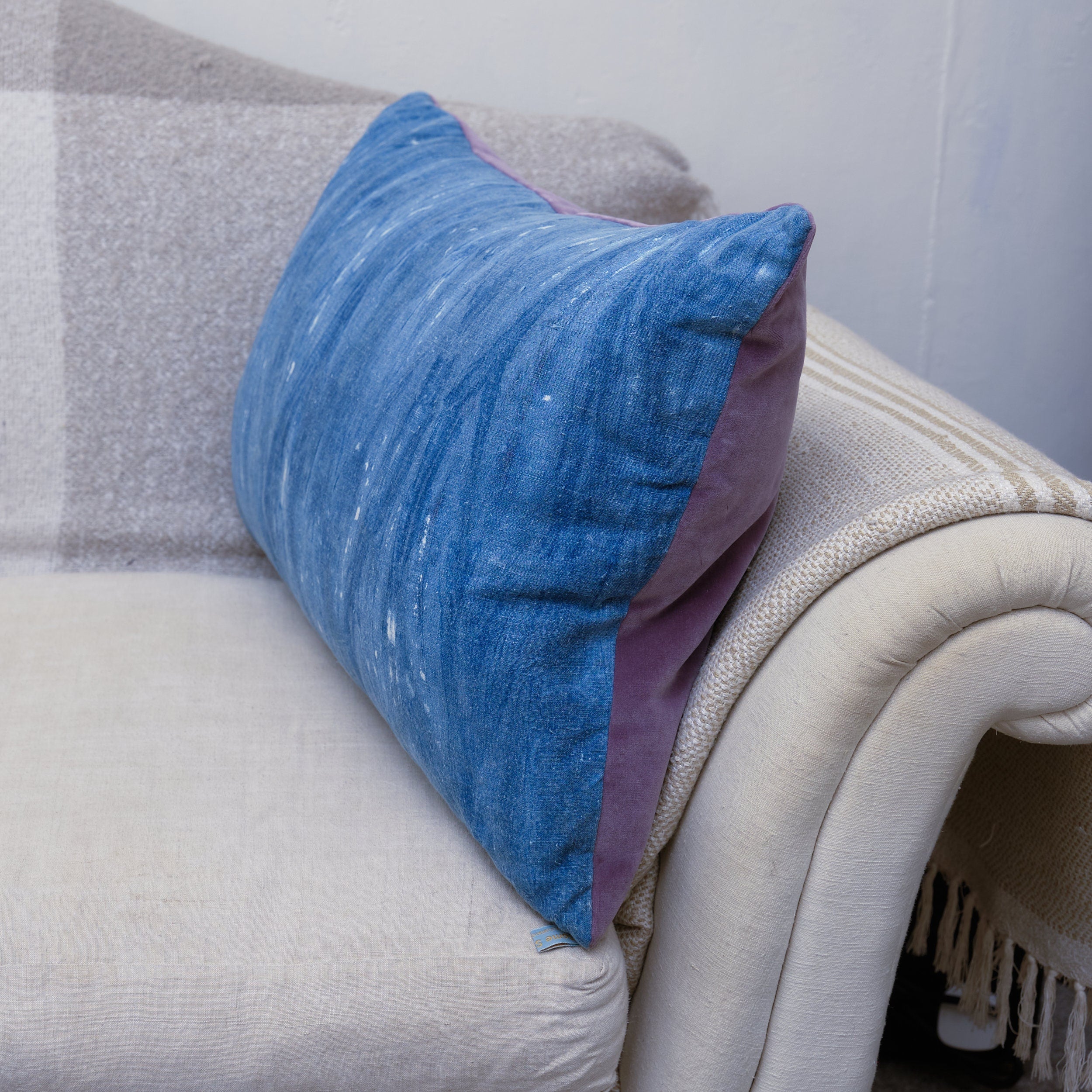 Indigo dyed antique French linen cushion cover, velvet back